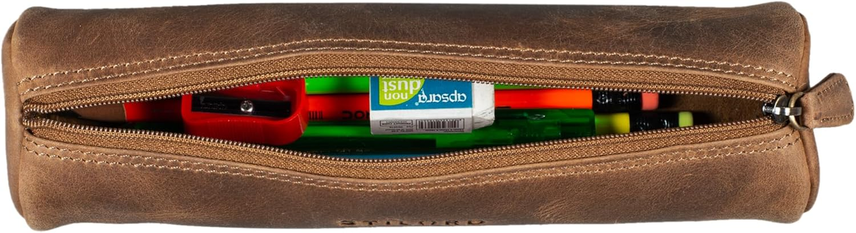 STILORD 'Miller' Pencil Case Leather round Vintage Pencil Case Roll Leather Case Vintage Pen Roll Pencil Case Pencil Case Real Leather - Medium - Brown image number 5