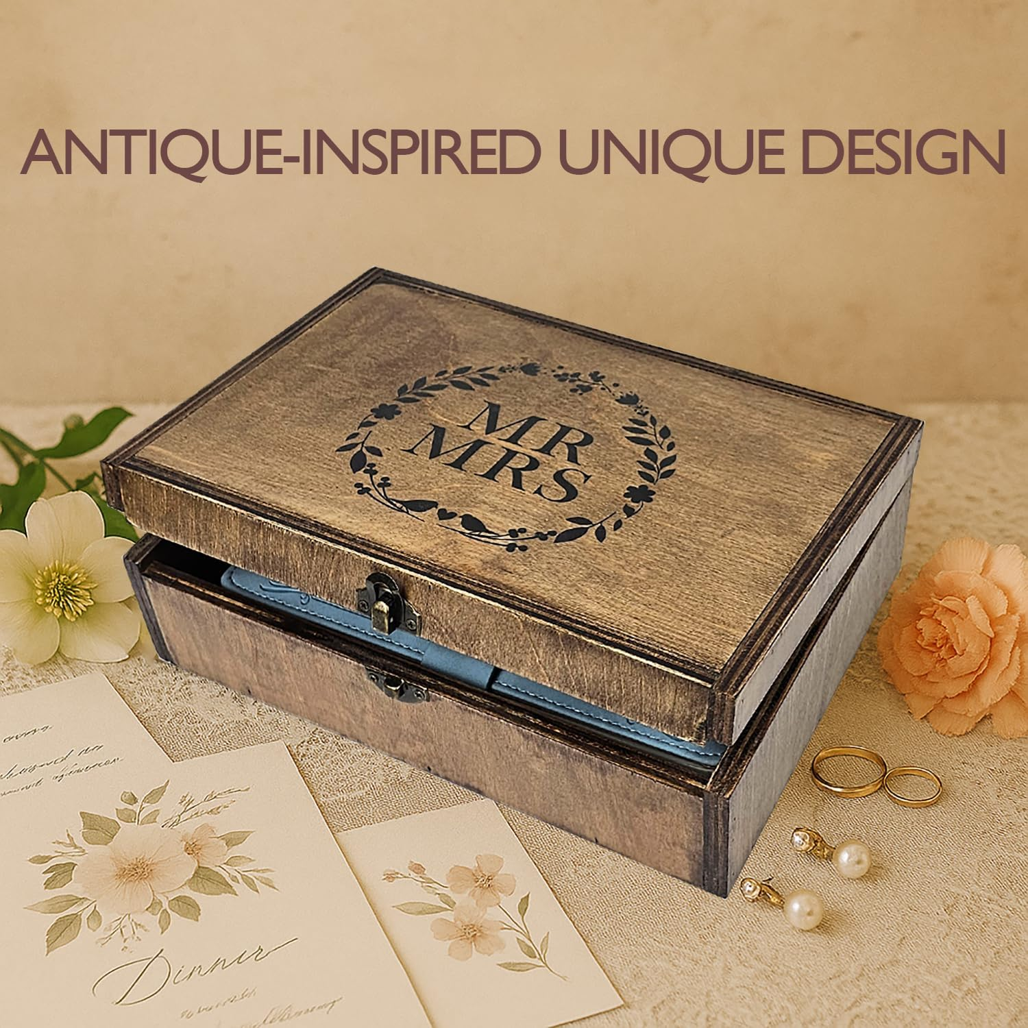 Beegreeny Wooden Memory Box with Lid, Wedding Keepsake Box for Couples, Wedding Gift Box for Bride and Groom, Bridal Shower, Mr & Mrs, Anniversary Valentines Gifts Ideas for Couples image number 3