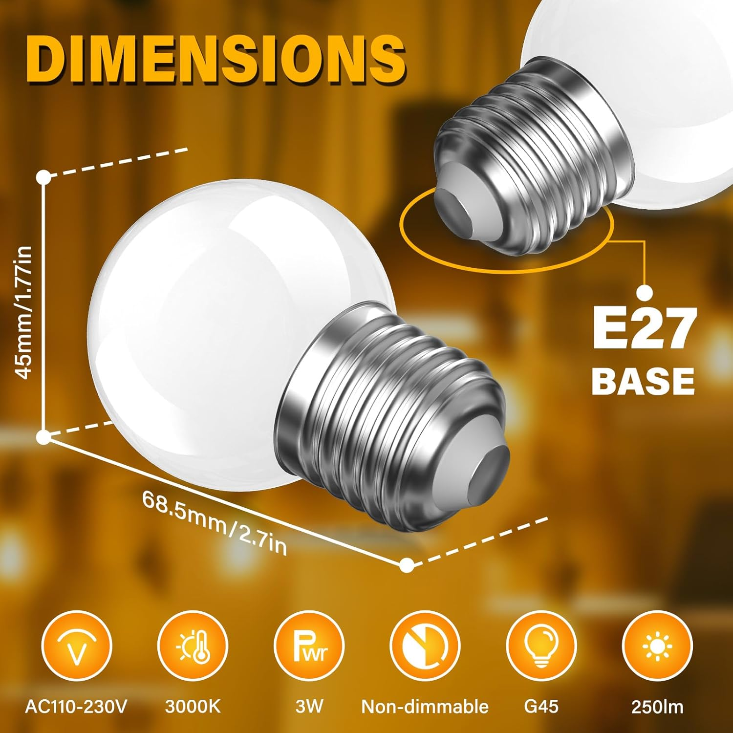 Brightark G45 E27 LED Light Bulb 3W (25W Equivalent) Energy Saving Edison Screw G45 Golf Ball Bulb, Warm White 3000K Flicker-Free round Mini Globe Frosted Bulb, AC110-230V (Non-Dimmable, 6Pack)