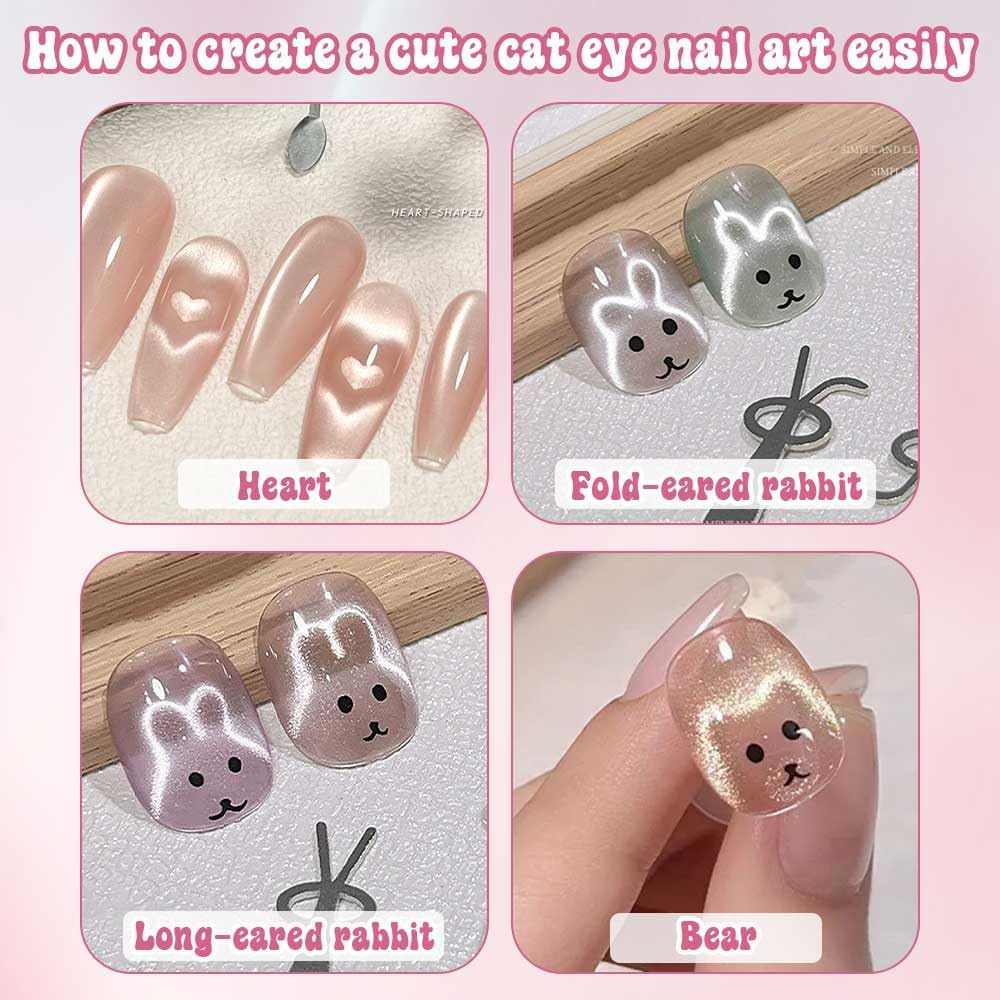 5 in 1 Cat Eye Shape Nail Art Adhesive Magnet, Includes 1 Heart Magnet for Cat Eye Gel Polish, 2 Rabbit Magnets for Cat Eye Gel Polish, for Home and Professional Use image number 1