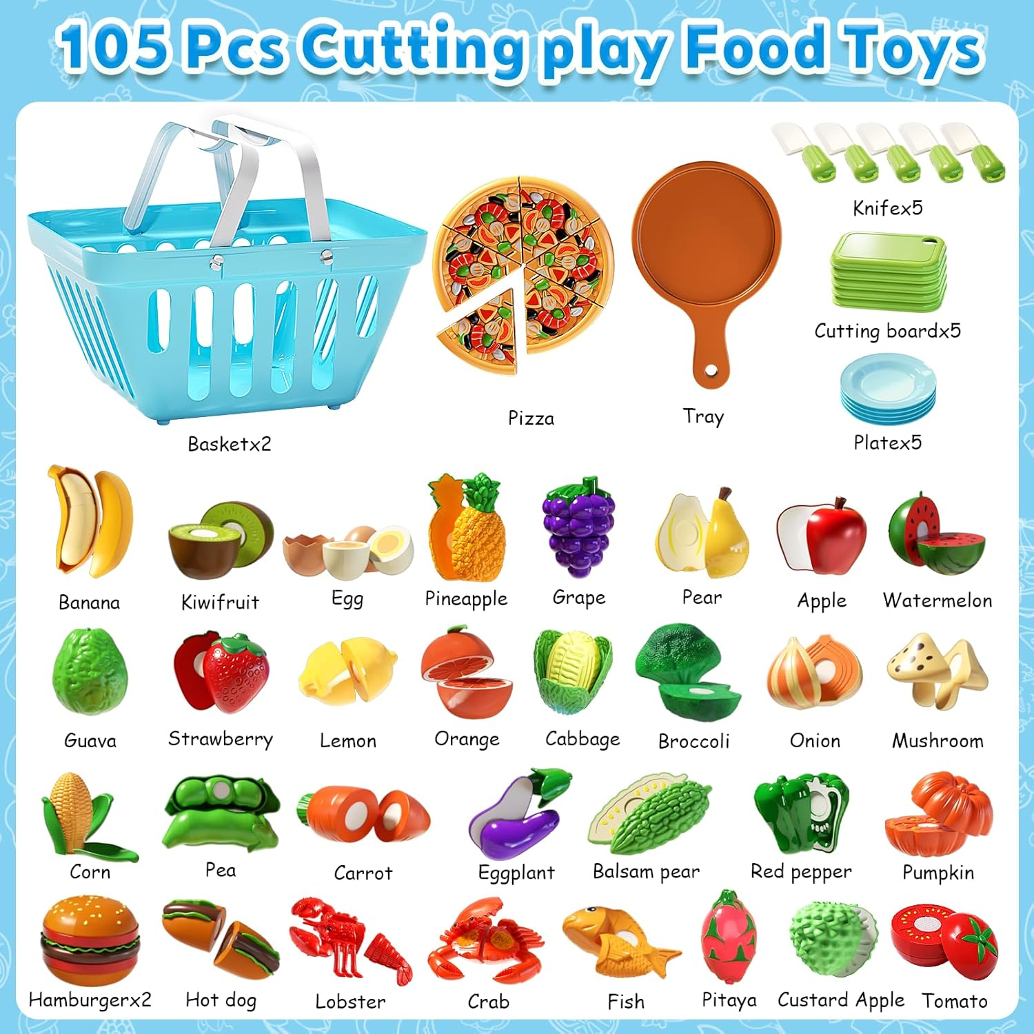 Cutting Play Food for Kids,105Pcs Pretend Play Kitchen Toys,Fake Food/Fruits/Vegetables Set,Play Kitchen Accessories with 2 Blaskets for Kids Boys Girls 3 4 5 6 image number 6