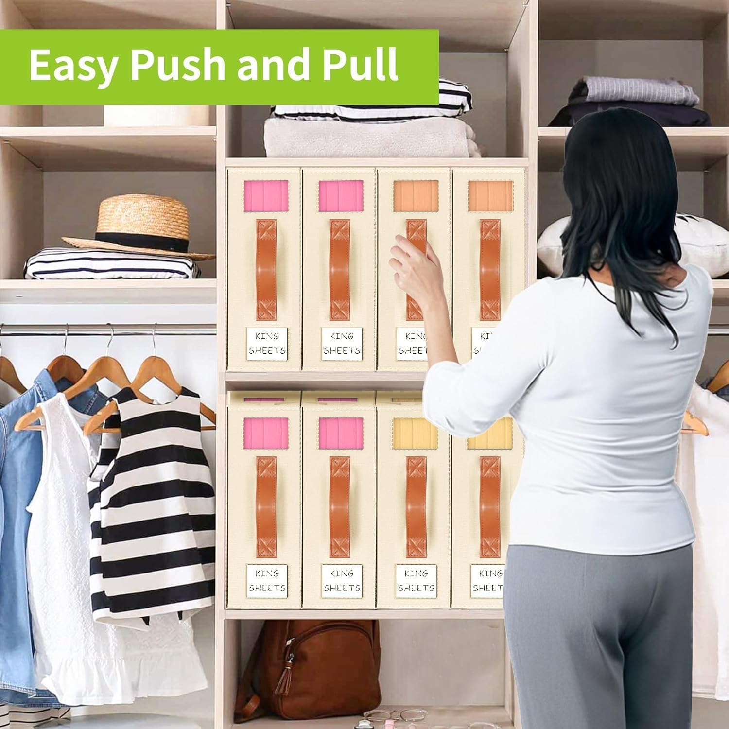 Foldable Bed Sheet Organizers and Storage - 4 Pack with PU Leather Handles, Bedding Set Organizer for Bed Sheets, Pillowcases, Linen Closet, Clothes & Towels image number 6