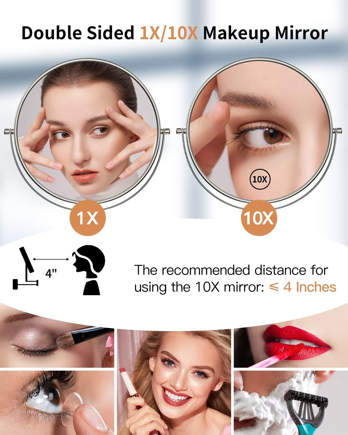 Benbilry 9" Large Size Wall Mounted Makeup Vanity Mirror, 1X/10X Magnifying Double Sided Shaving Mirror for Bathroom, 360&deg; Swivel Extendable Arm, Nickel Finish - Nickel-No Led image number 6