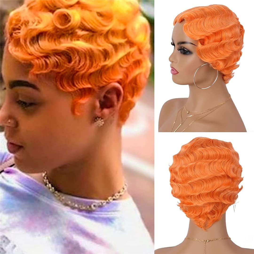 Finger Wave Wigs for Black Women Retro Vintage Synthetic Curly Wigs Heat Costume Cosplay Natural Looking Wig Orange