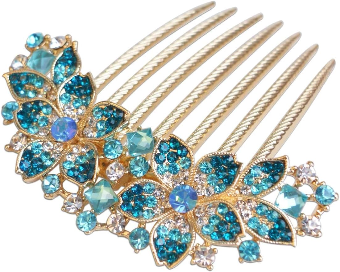 Women'S Hair Comb with Inlaid Flowers and Rhinestones, Bridal Hair Accessories Hair Side Comb for Girls Gift (Blue) image number 1
