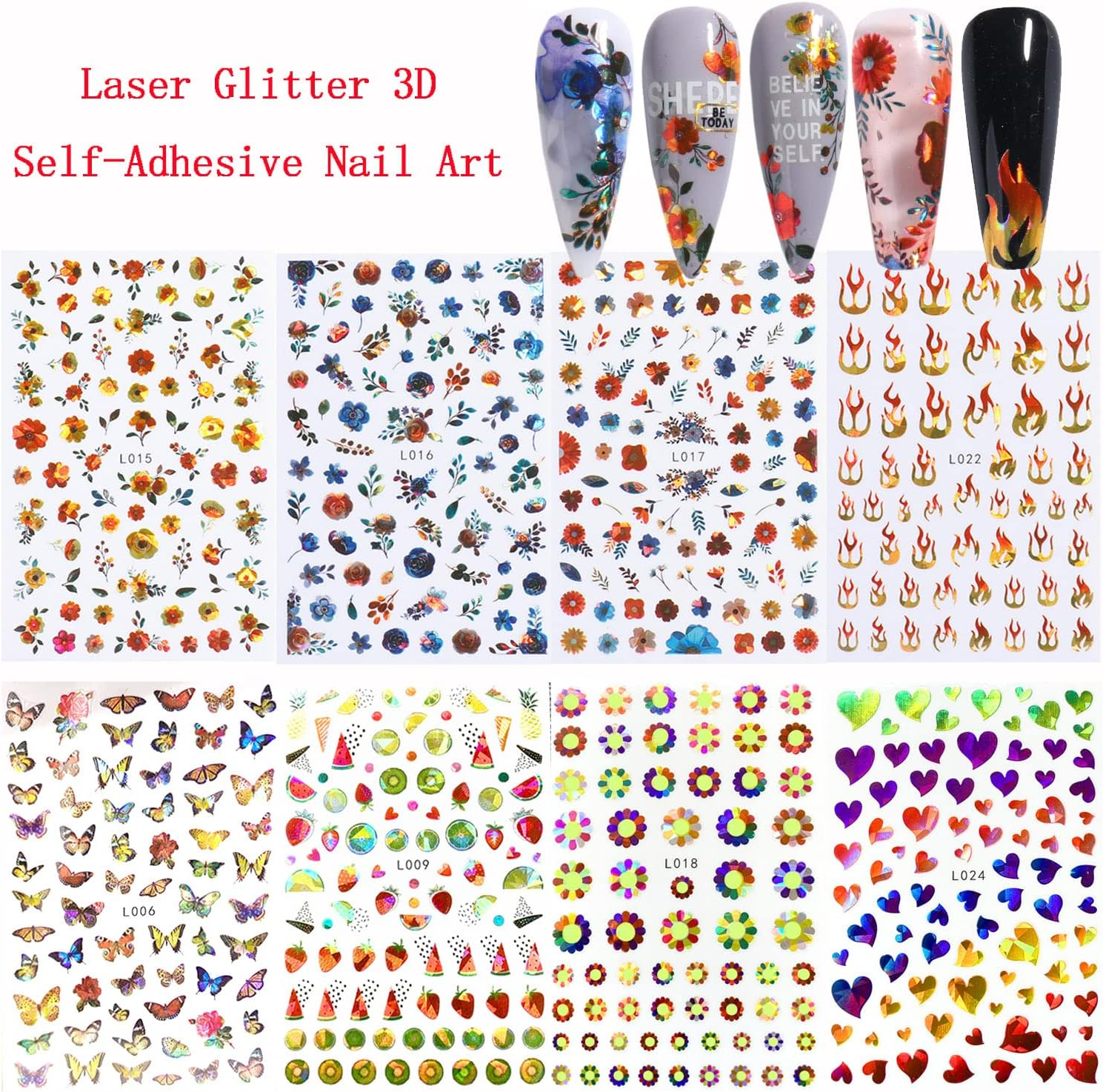 Laser Glitter Nail Art Stickers, 3D Self-Adhesive Nail Decals Design, Holographic Flowers Flame Heart Fruit Butterfly Nail Art Decoration for Women Girls Manicure Charms DIY Nails Supplies (8 Sheets) image number 1
