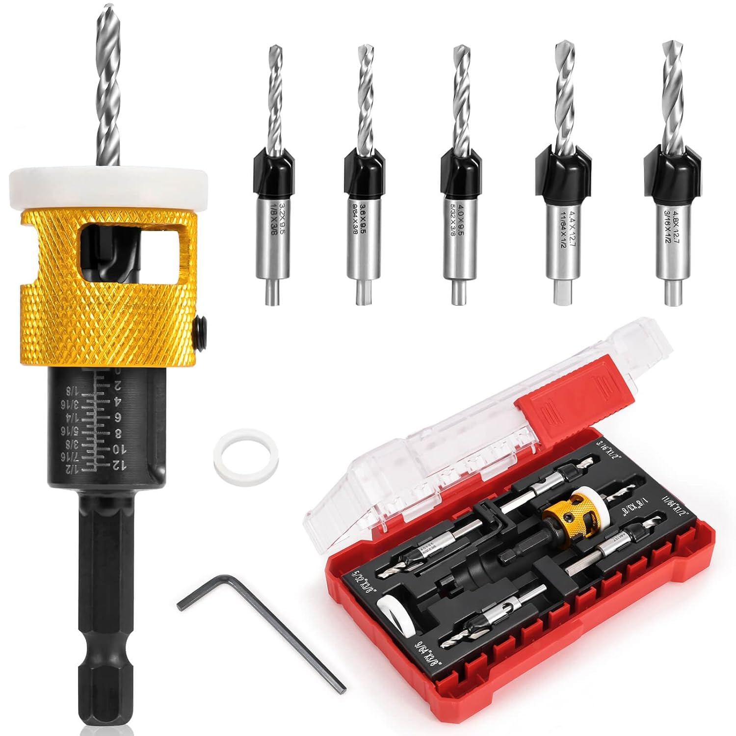 5PCS Countersink Drill Bit Set, Low Friction Depth Stop, 1/8 9/64" 5/32" Drill + 3/8&rdquo; 82&deg; Counter-Bore, 11/64" 3/16" Drill + 1/2" 82&deg; Counter-Bore, 1/4" Hex Shank, for Woodworking, with Storage Box image number 2