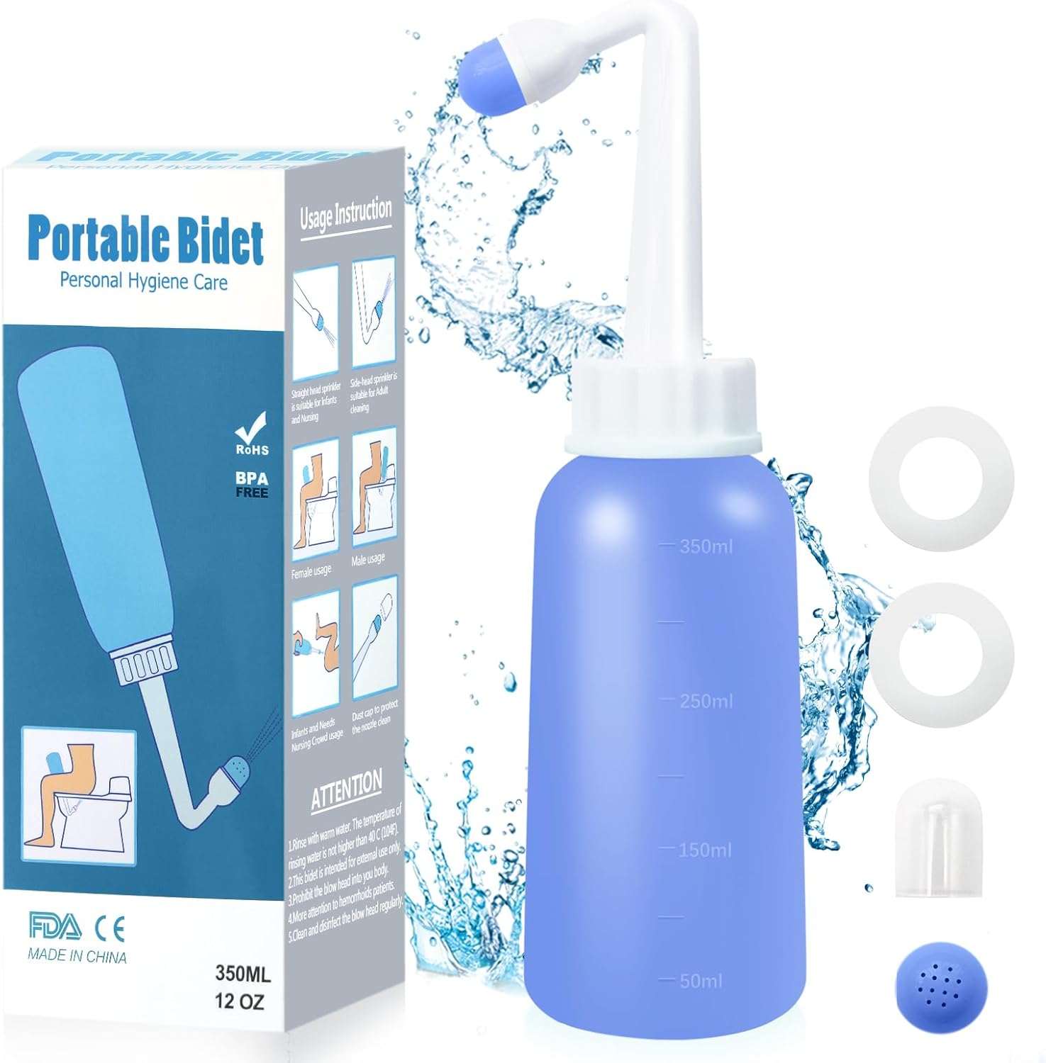 RUFCRIL Mini Peri Bottle, 350Ml Portable Travel Bidet with Extra Ring and Carry Bag, TPE Material for High Temperature Resistance, Essentials for Postpartum Perineal Care,Hemorrhoid Treatment, Blue