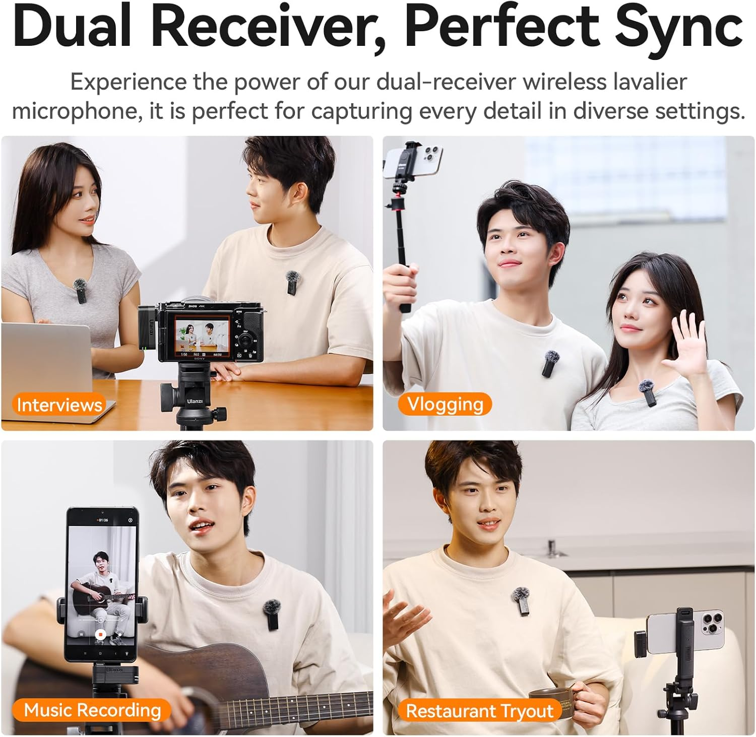 ULANZI A100 Wireless Lavalier Microphone, 360&deg; Pickup Intelligent Noise Canceling Module Compact Lightweight, up to 13.5 Hours Recording Time, Compatible with Android Ios Camera image number 4