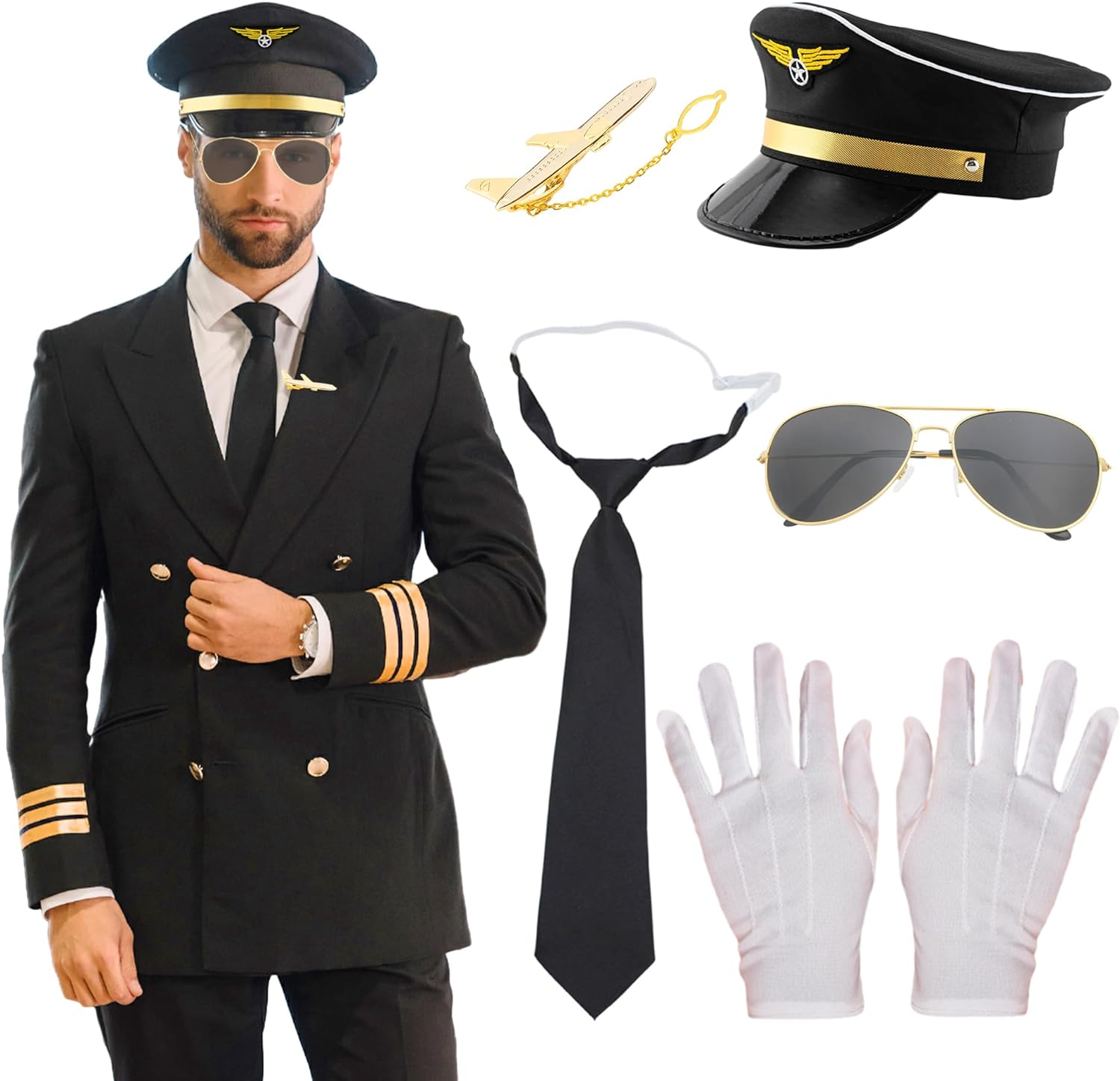Jevenis Airplane Captain Costume Airline Pilot Hat Accessories for Adults Teens Captain Halloween Party Cosplay Supplies Sunglasses image number 6