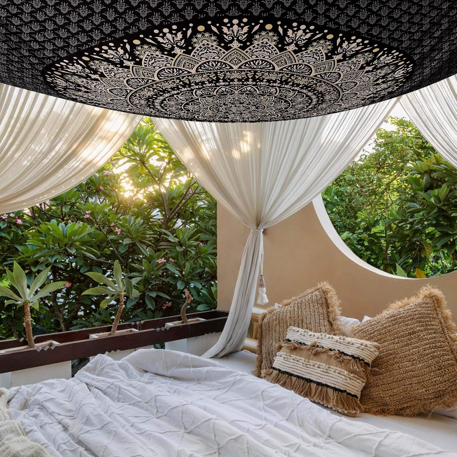 Edeesky Black Golden Mandala Tapestry Wall Hanging Psychedelic Medallion Wall Tapestry Aesthetic Indian Hippie Wall Decor Bohemian Wall Art Boho Home Decoration Blanket for Bedroom,Living Room,Dorm image number 3