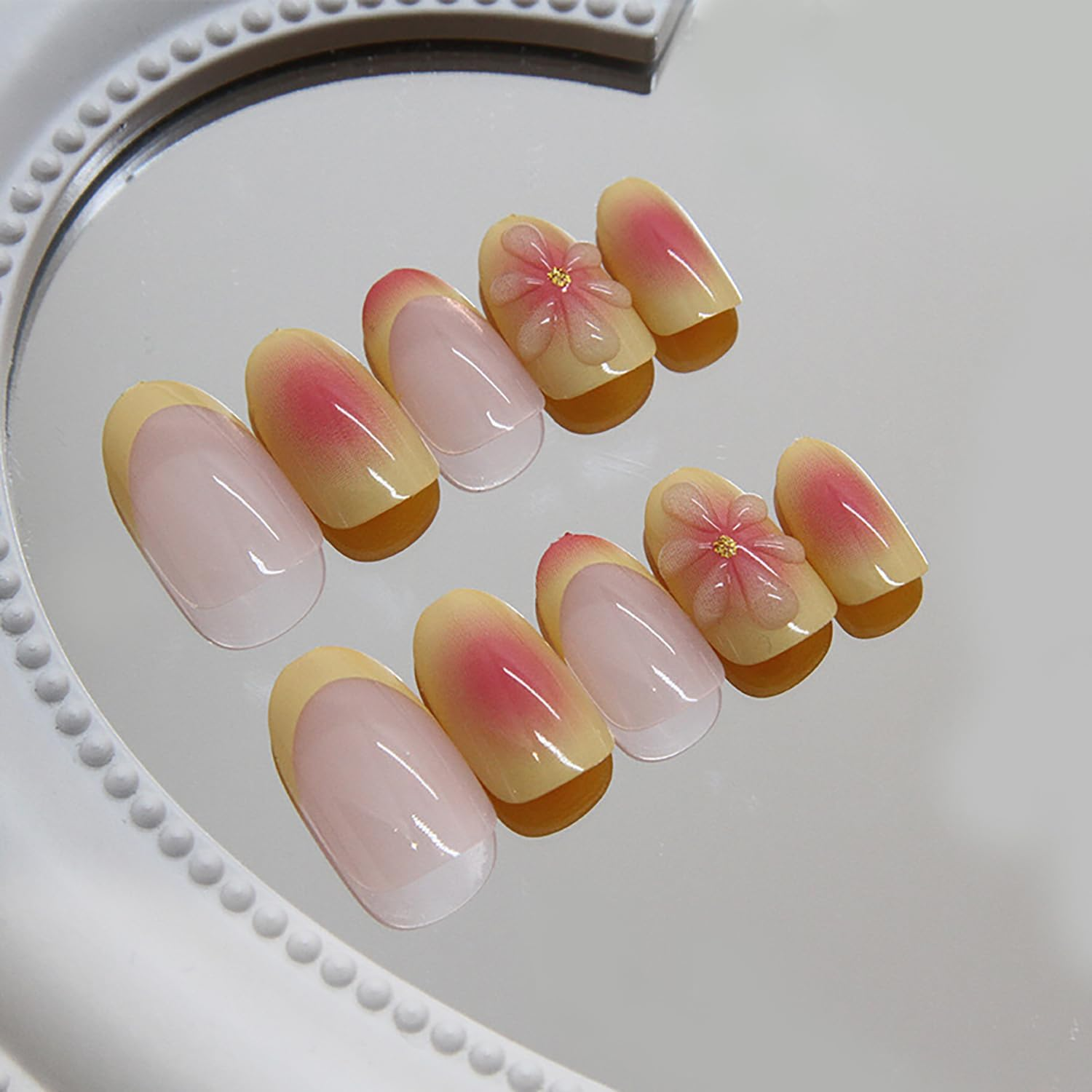 RIICFDD 24 Pieces Almond Style Short False Nails with French Tip, 5D Flower, Drawings, Yellow Tips, Bright Pink Acrylic for Women image number 1