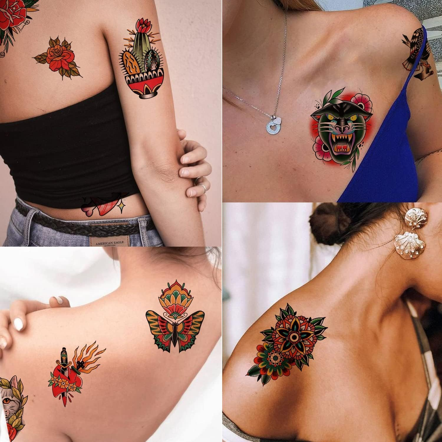 Temporary Classic Tattoos Adult Kids Old School Skull Tiger Sword Cat Eagle Snake Lotus Flower Butterfly Half Arm Realistic Fake Tattoos Sticker for Women Men 8 Sheets image number 5