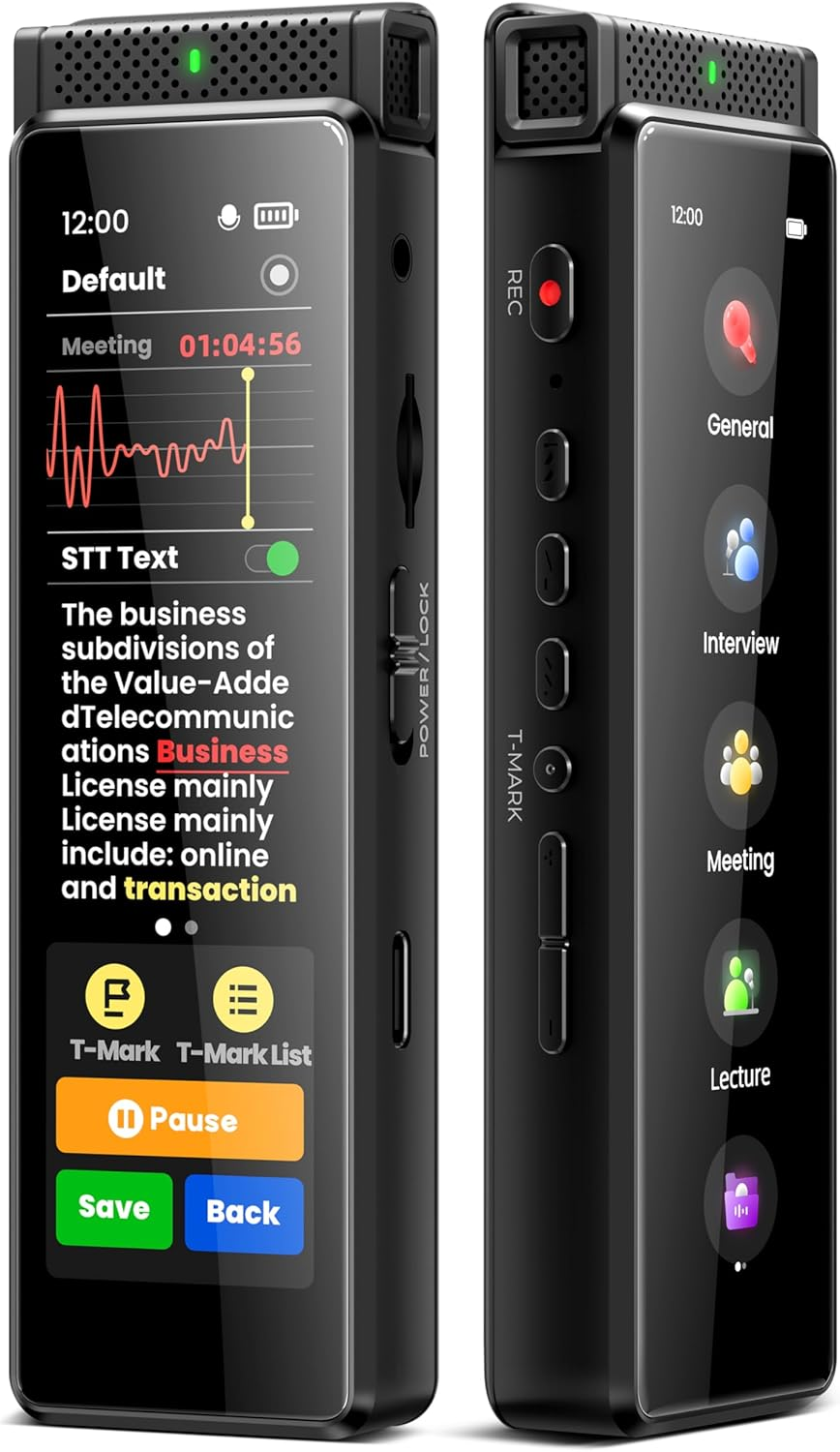 72GB Digital Voice Recorder with Playback, Innioasis R1 Full Touchscreen Voice Recorder with Bluetooth and Intelligent STT Transcription, Voice Activated Sound Audio Recorder Device with Mic (Black)