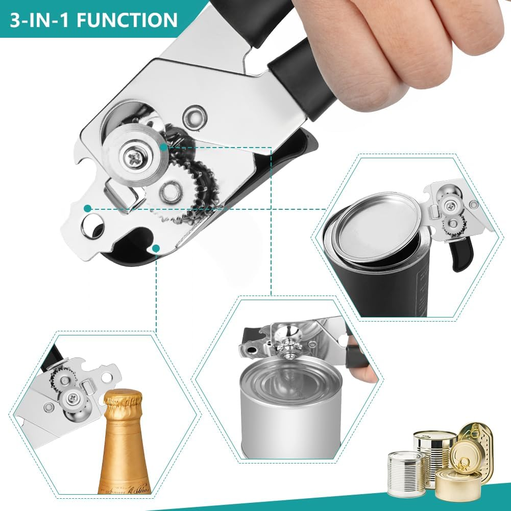Vsshe Can Opener Manual, Stainless Steel Can Opener, Comfortable Grip, Non-Slip, with Multifunctional Bottle Openers Comes Soft Grip Sharp Cutting Blade, Arthritis-Friendly, for Seniors, Work, Kitchen image number 2