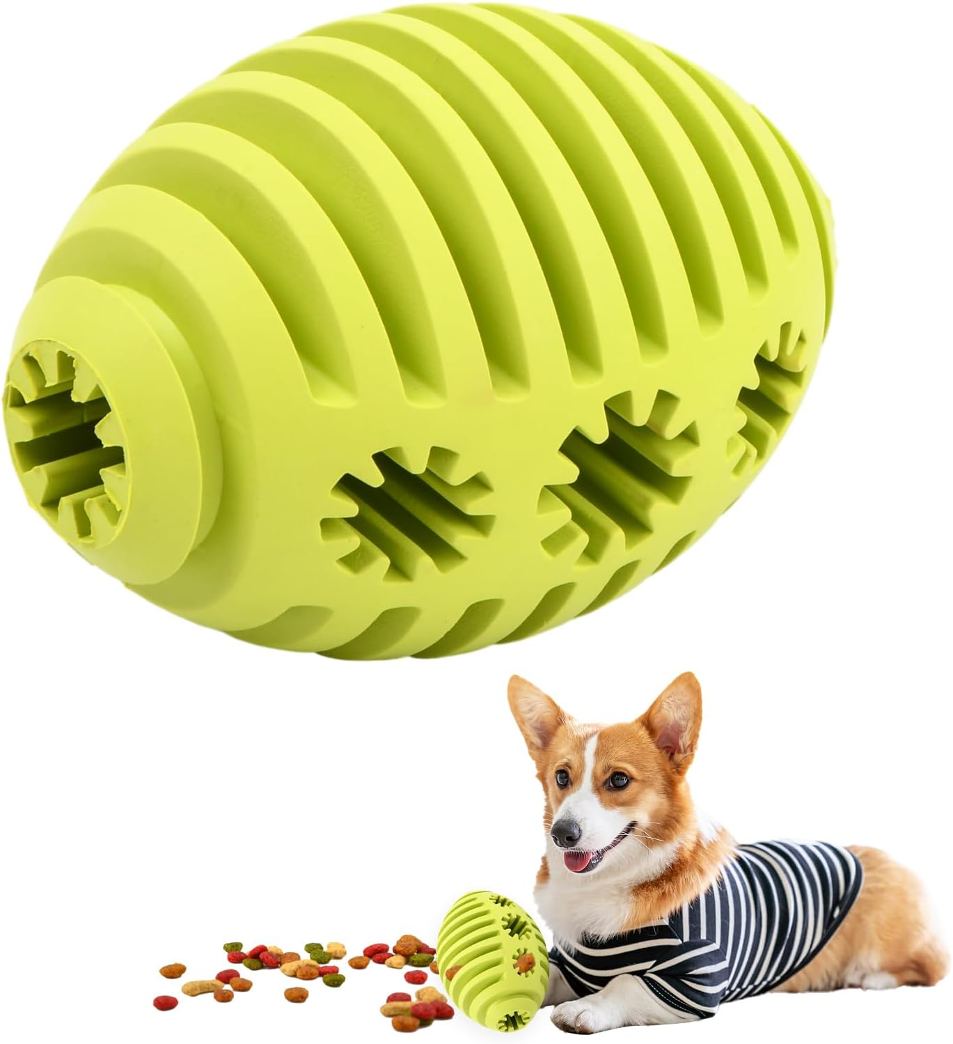 Food Toy Dog Food Ball, Snack Ball, Treat Ball, Dog Toy Intelligence Fillable Made of Natural Rubber, with Dental Dental Care for Pets, Dogs, IQ Training Ball, Green Rugby image number 2