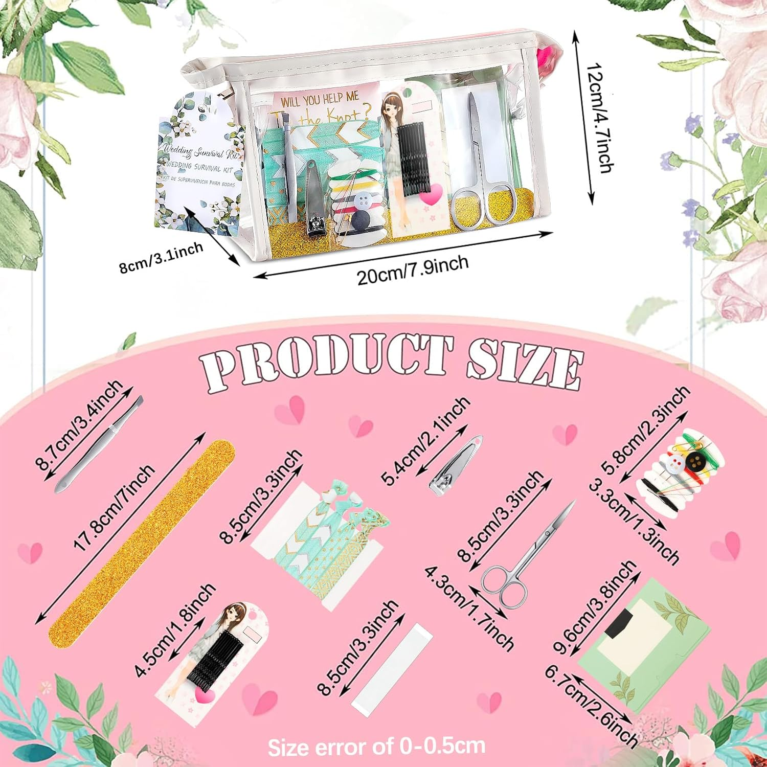 Chumia 132 Pieces Wedding Survival Kit Wedding Day Bridal Emergency Kit Bridal Party Proposal Gifts Mini Emergency Kit for Women with Makeup Bags Wedding Bride Emergency Supplies image number 6