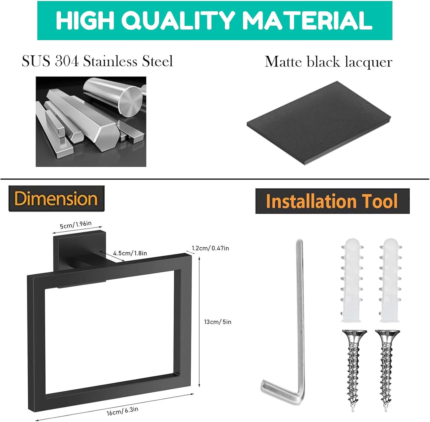 RIKONDA Matte Black Towel Ring Holder - 304 Stainless Steel Bathroom Towel Rack, Modern Square Design with Hidden Screws, Rustproof & Durable for Kitchen, Laundry, Hotels