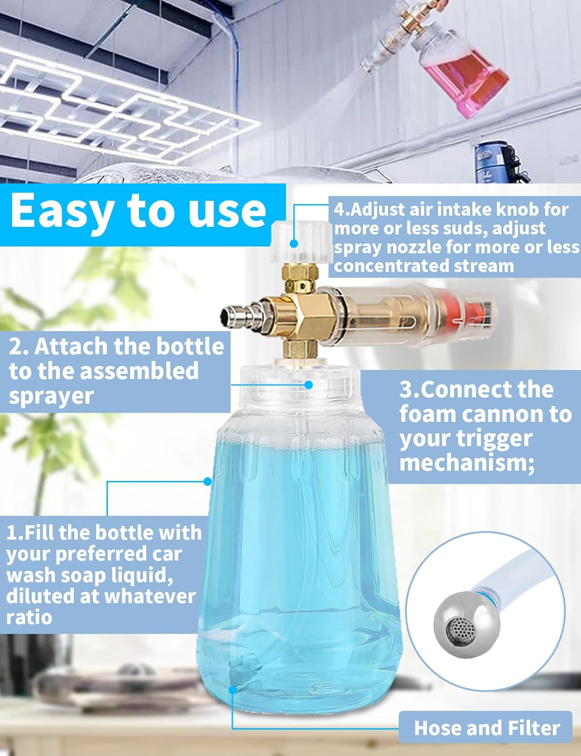 Foam Cannon with 1/4 Inch Quick Connector and Adjustable Nozzle, High Pressure Car Wash Water Gun, Professional Car Foam Cannon Is Suitable for Most Pressure Washing Accessories(1L) (Big)