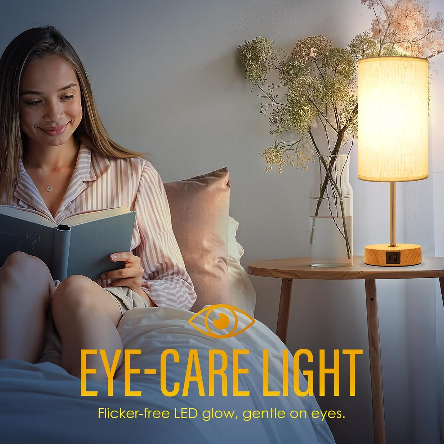 Erumpere Bedside Lamp with USB A+C Port Set of 2 - Touch Control Table Lamp for Bedroom 3 Way Dimmable Nightstand Lamp with Linen Fabric Shade for Living Room, Dorm, Home Office (LED Bulb Included) image number 5