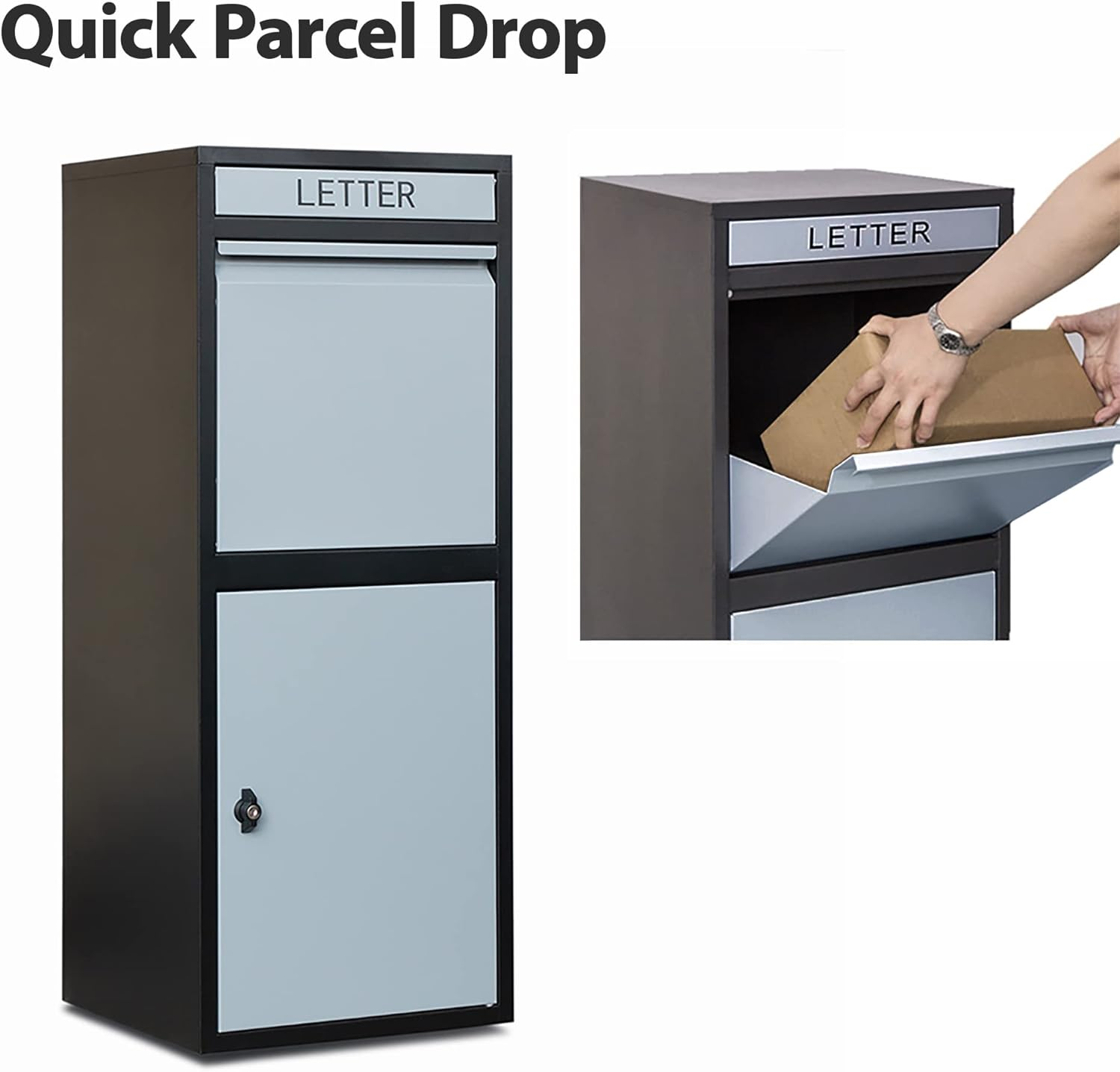 Glasshaus Steel Post Parcel Box Package Delivery Mail Box Locking Safe Drop Letterbox Storage (Grey and Black) - Grey And Black image number 3