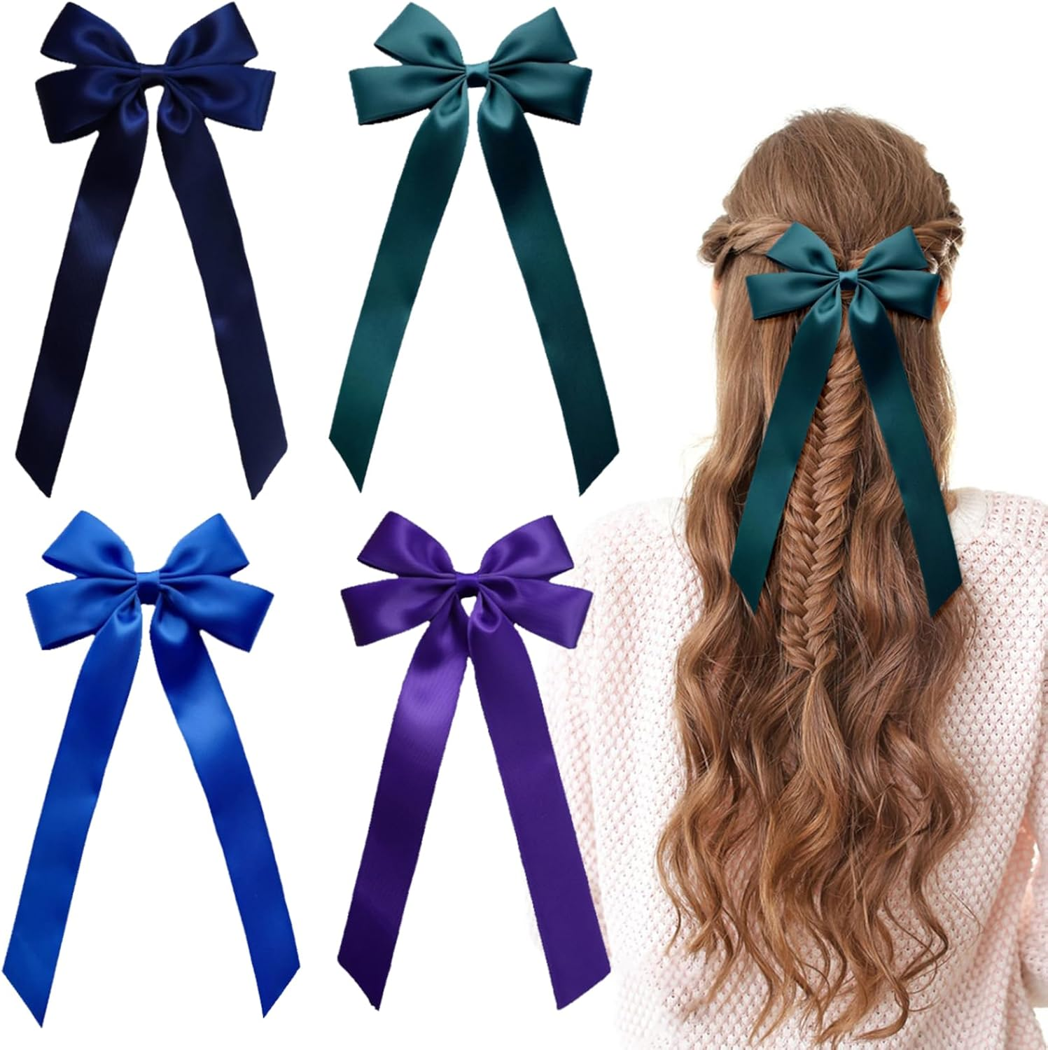 Bekecidi 4 PCS Hair Bows Hair Clip Hair Ribbon with Long Tail Hair Barrettes Tassel Bowknot Hairpin French Hair Clips Slides Metal Clips Hair Accessories for Women Girls (Black, Blue, Green, Purple) image number 3