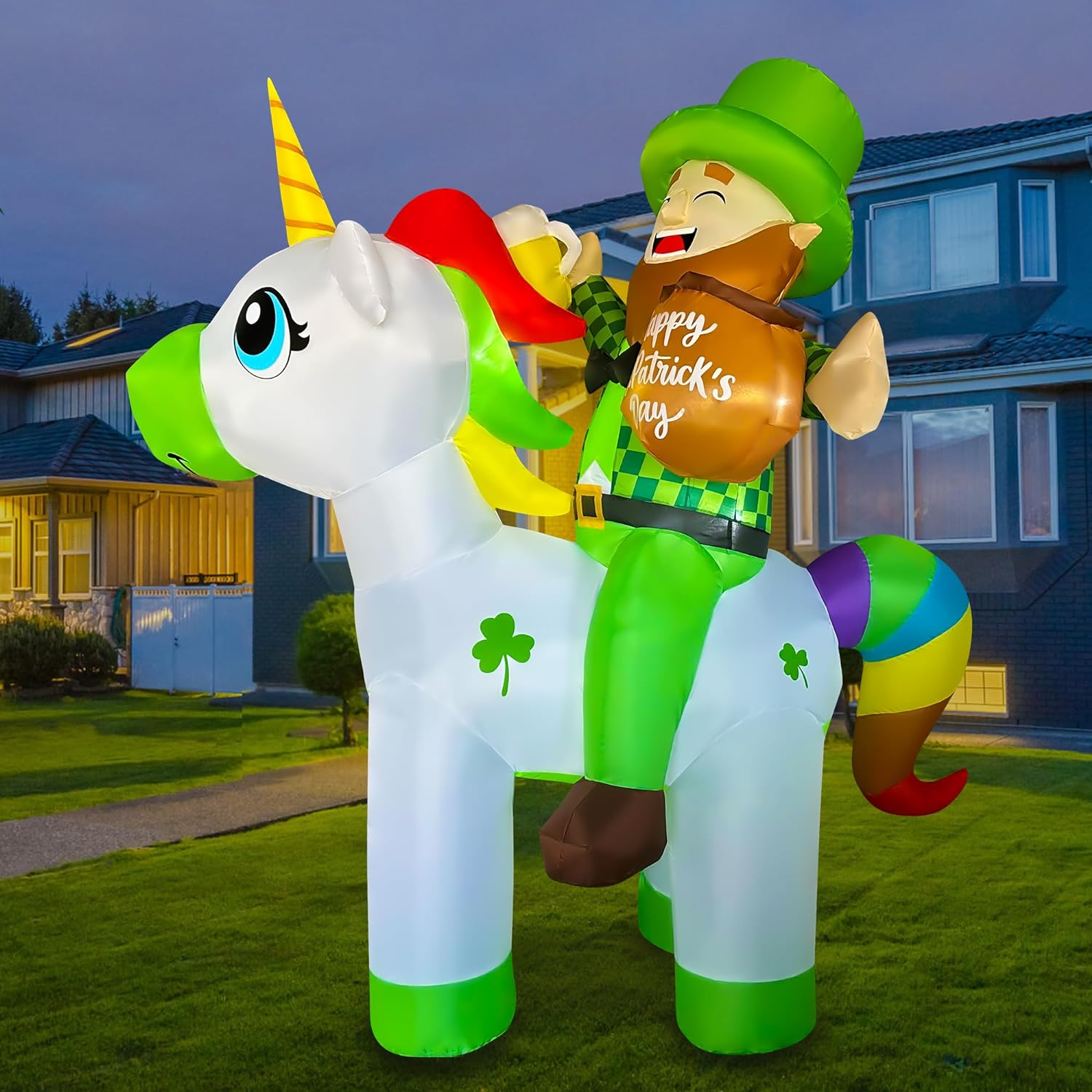 BLOWOUT FUN 6Ft St Patricks Day Inflatables Leprechaun Riding Unicorn Decoration LED Blow up Lighted Decor Indoor Outdoor Holiday Art Decor image number 3