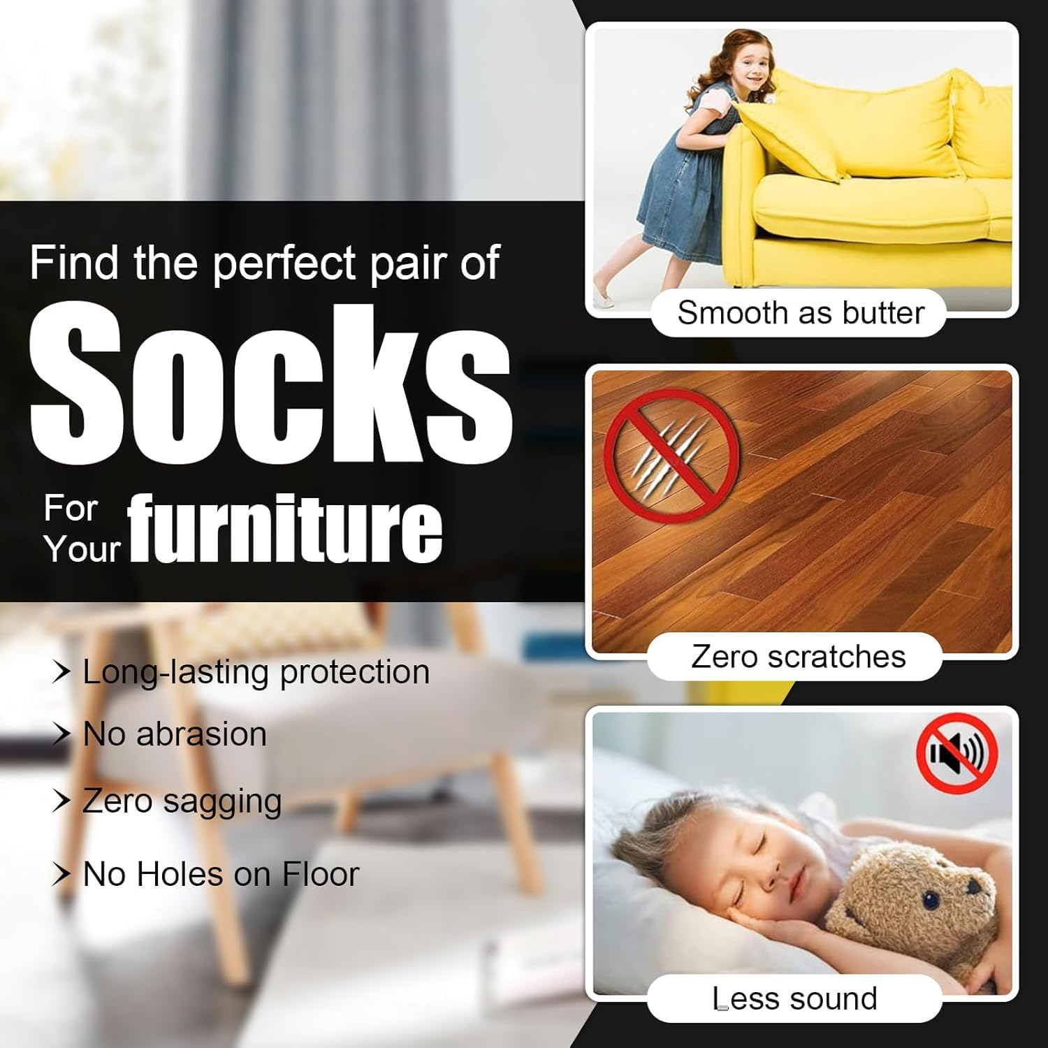 24 Pcs Knitted Chair Leg Socks Protectors, Furniture Leg Cover, Wood Floor Protectors, Chair Leg Covers Caps, Elastic Chair Leg Feet Covers for Hardwood Floor (Black) image number 4