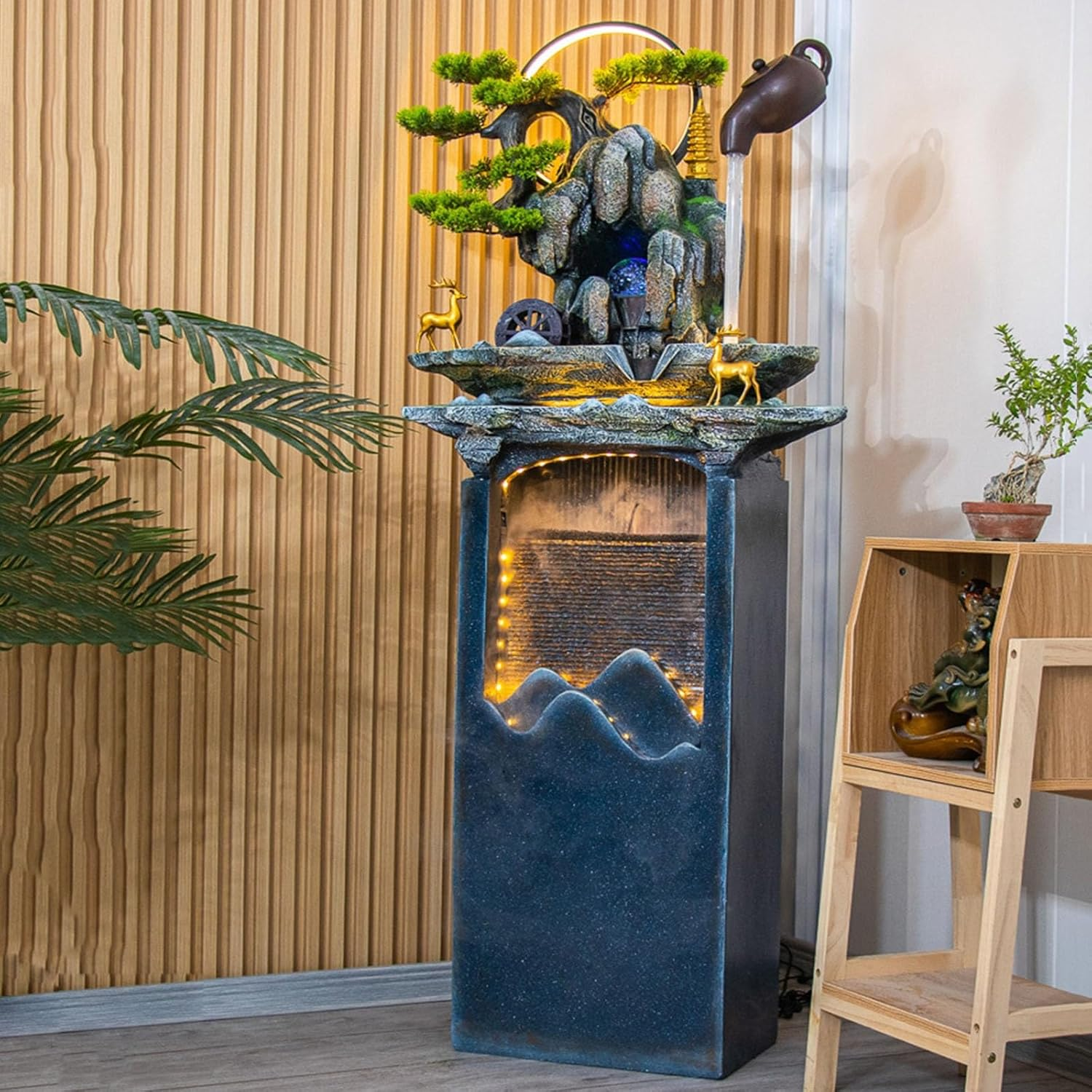 Outdoor Fountain Floor Standing Fountain with Hanging Teapot and Simulated Pine Tree, Indoor Water Recirculation Decorative for Living Room image number 6