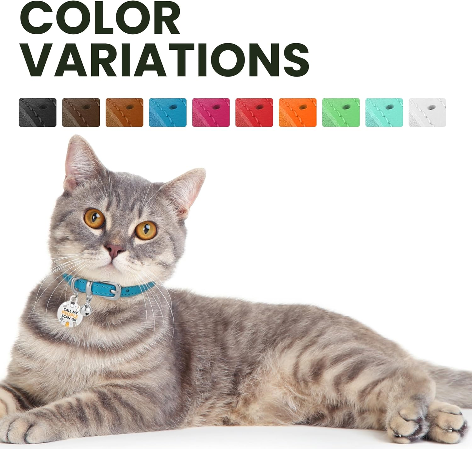 BRONZEDOG Leather Cat Collar with Removable Bells Non Breakaway Kitten QR Tag for Girl Boy (7" - 9" for Cats, Blue & Silver) image number 1