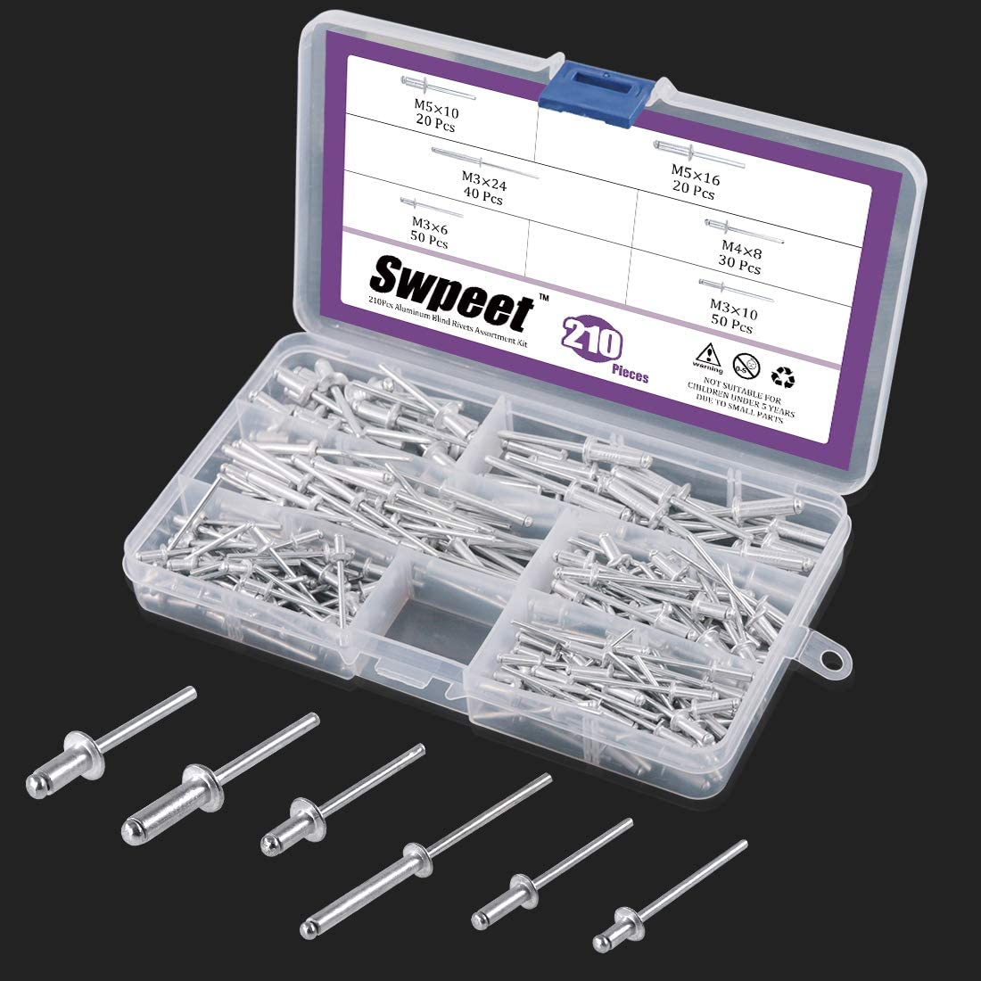 Swpeet 211Pcs Black Alloy Steel Electric Rivet Gun Adapter Kit, Including 2.4/3.2/4.0/4.8Mm Diameter Rivet Head and Handle Wrench with 500Pcs Aluminum Blind Rivet Kit image number 3