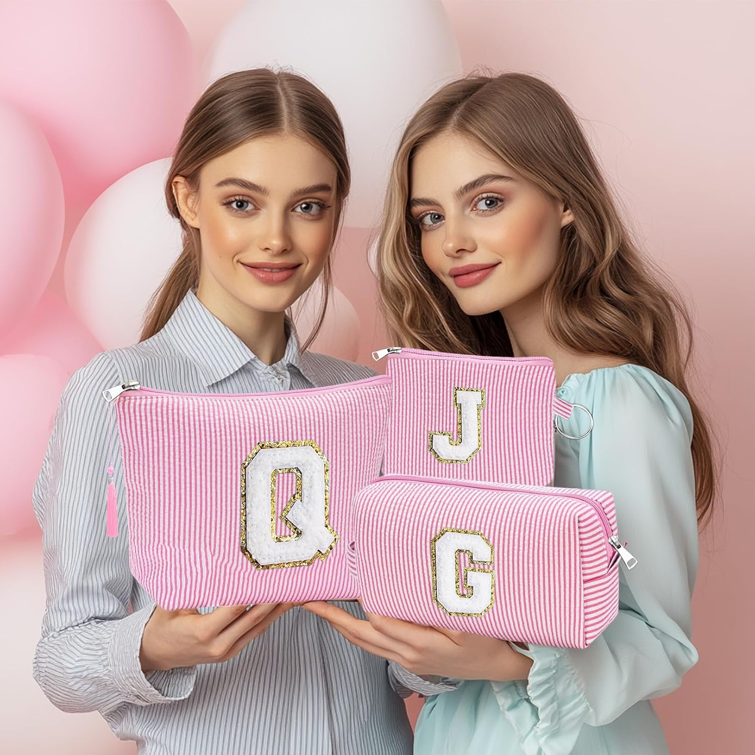 Adoryoung Gifts Personalized Initial Cosmetic Makeup Bag Make up Bag Travel Toiletry Bag for Her Mom Girlfriend Wife Teacher Birthday Gifts for Women Skincare for Girls, Pink, F image number 7
