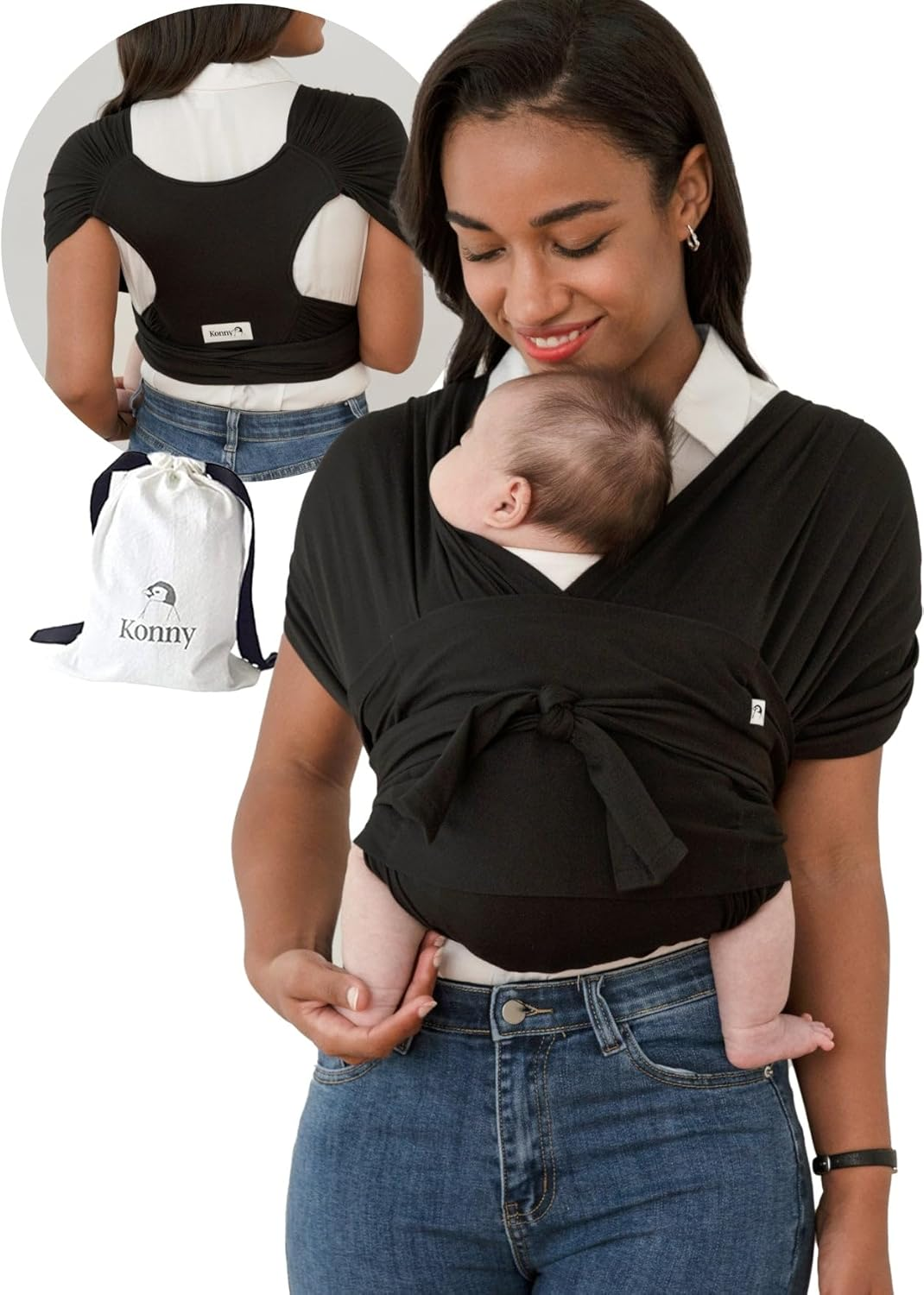 Konny Baby Carrier Flex Elastech - Adjustable, Easy to Wear and Wrap Baby Sling, Baby Wrap Carrier, Perfect for Newborn Babies Essentials up to 44 Lbs, (M-4XL) - Black