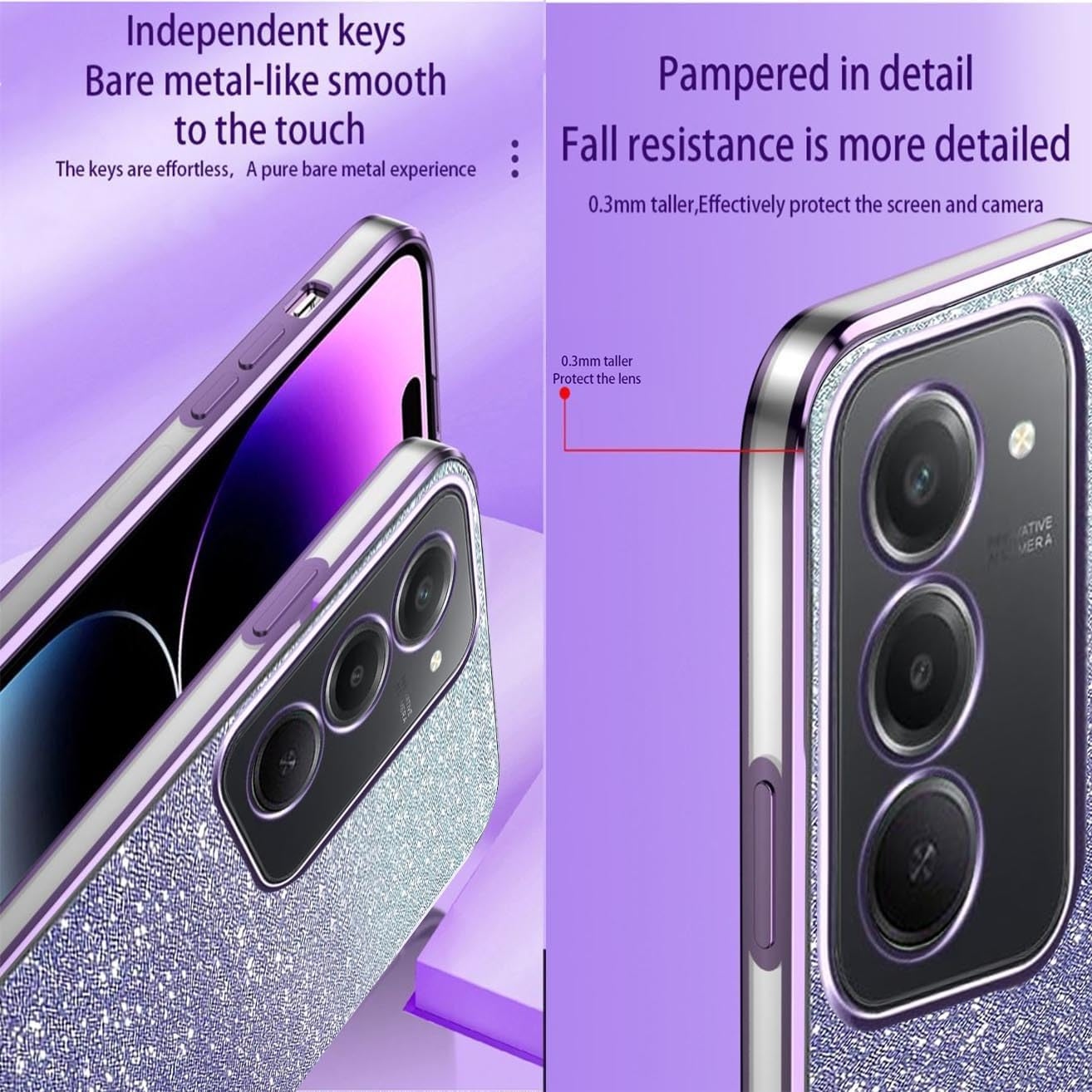 YUEQIAN Glitter Case for Xiaomi Redmi 15 4G / 5G, Ultra Thin Transparent Shiny Sequins Girls Mobile Phone Case, Soft TPU Silicone Shockproof Drop-Proof Protective Case Pink - Purple image number 7