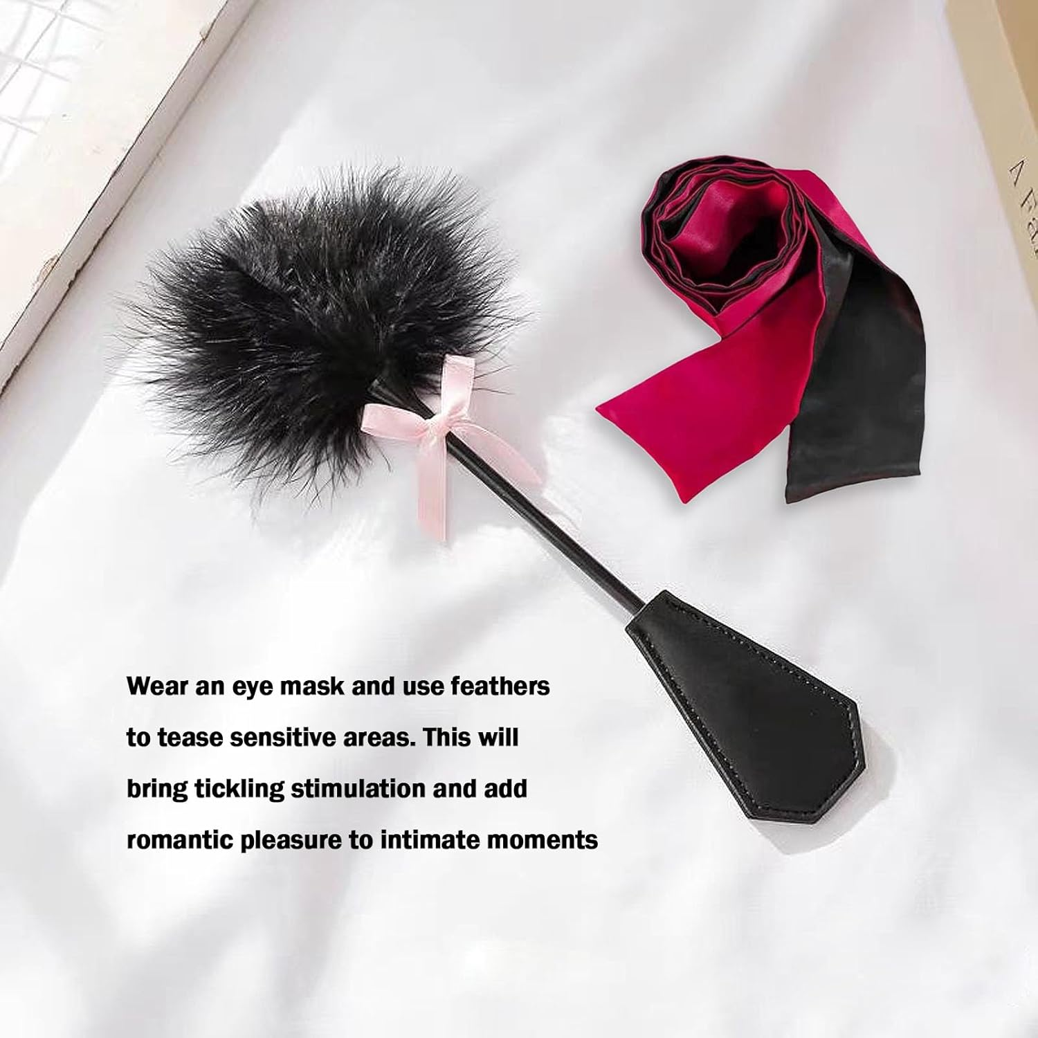 2 Pcs Black Satin Blindfold Eye Mask,Teasing Feather Stick,Eye Mask Sex Toy, Blindfolded Teasing Feather Stick for Couples，Couples Game Accessories,Bdsm Fetish Slave Bondage Toy image number 4
