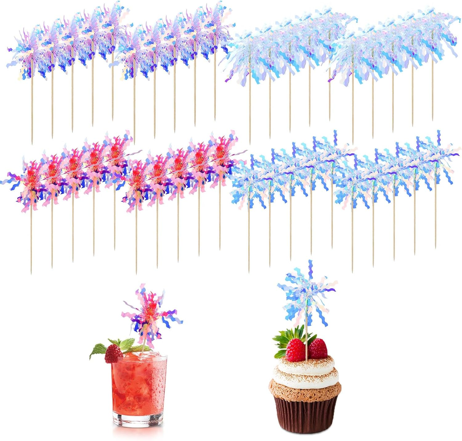 40 Pieces Colorful Firework Cupcake Toppers, Sparkle Tinsel Birthday Cake Decorations, Foil Frill Toothpicks for Christmas Wedding Party Graduation Ceremony Decor (Style 1) image number 5