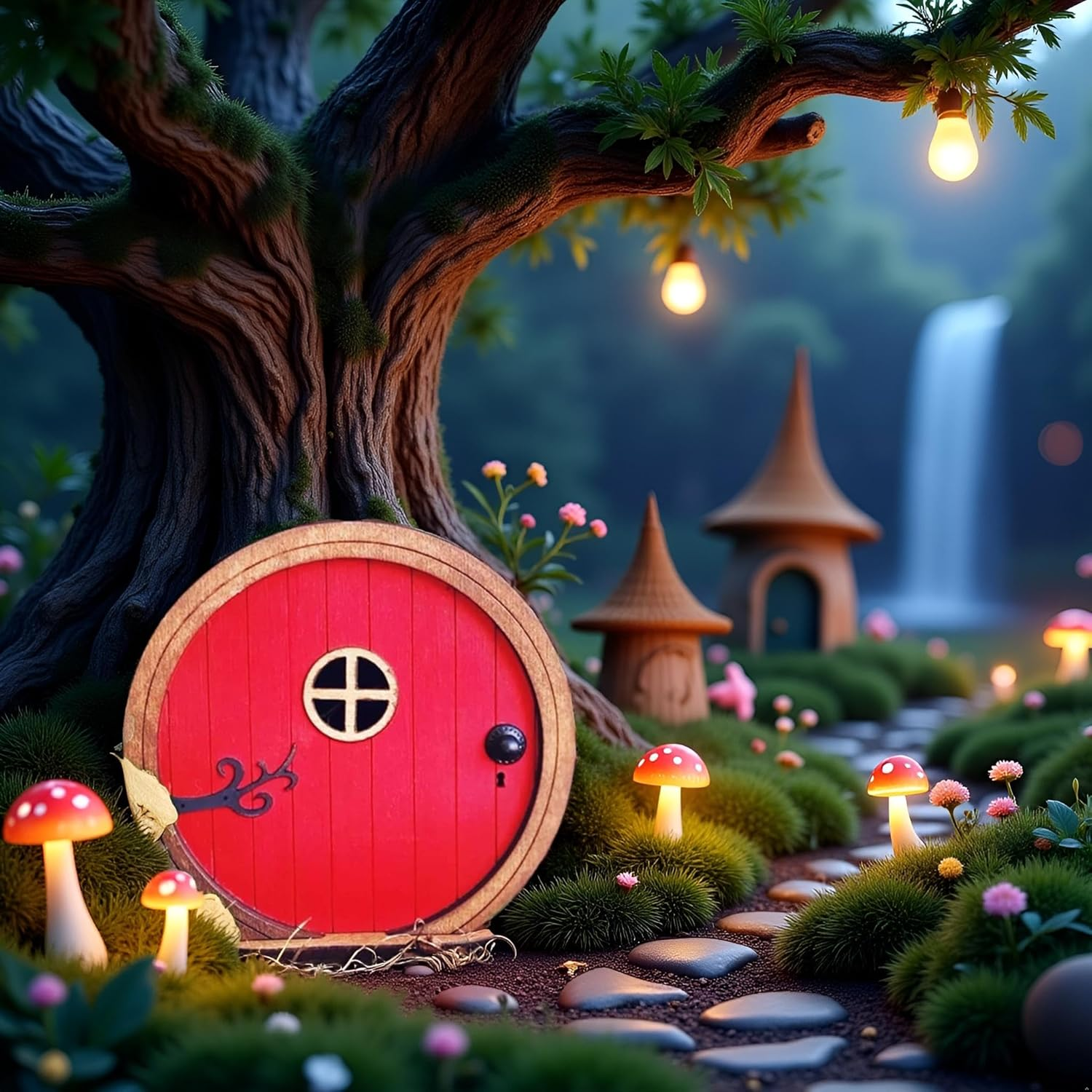 1Pc Red Fairy Garden Door for Tree, Fairy Doors for Trees Outdoor and Tree Trunk, Mini Fairy Garden Sculpture Lawn Ornament Decor, Fairytales Door Decoration，Garden Miniatures