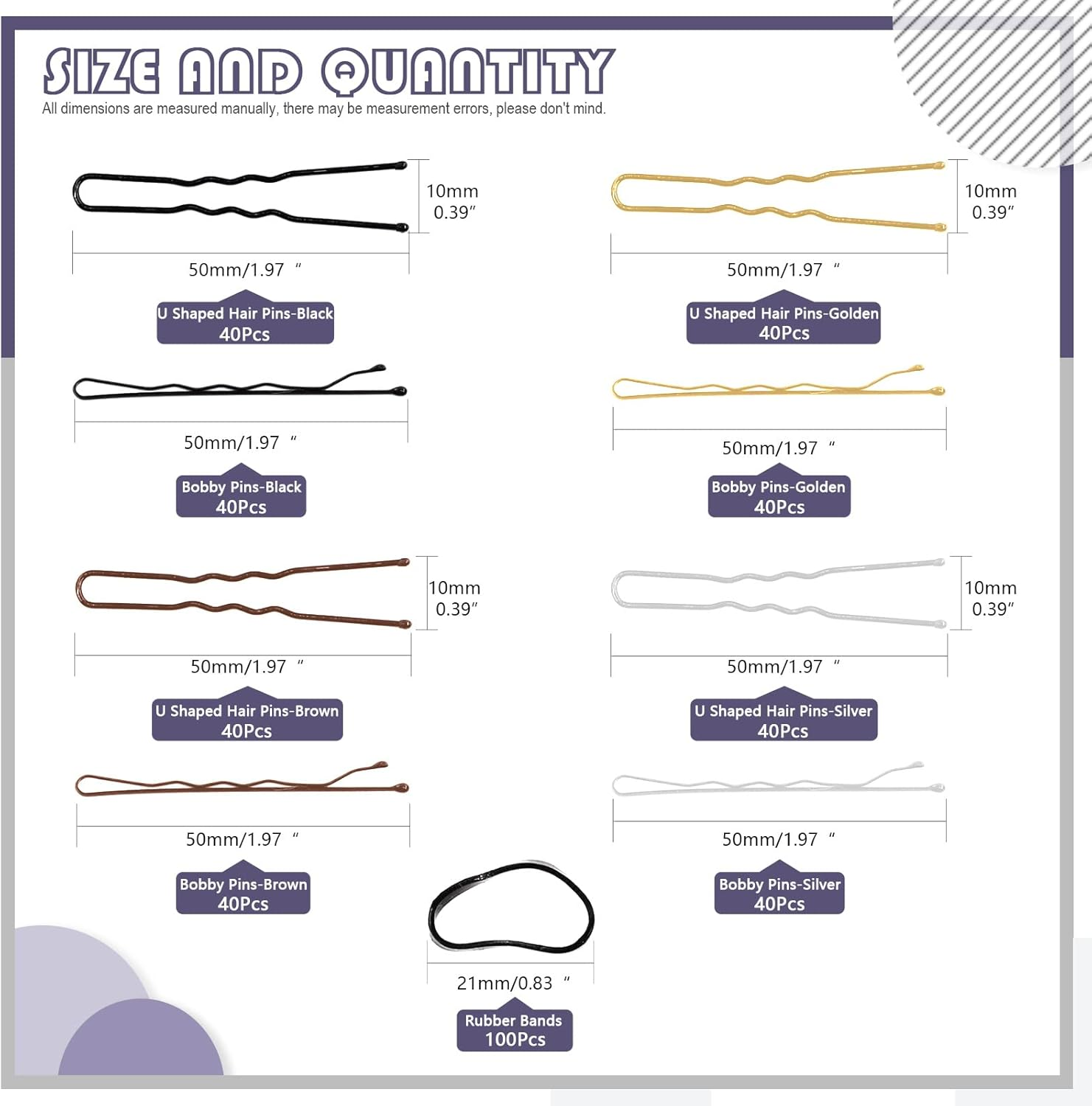 Swpeet 420Pcs 2 Styles 1.9Inch 2.4Inch Black/Gold/Brown/Silver Hair Pins Bobby Pins with Rubber Bands Kit, Including 160Pcs Bobby Pins and 160Pcs U Hair Pins Hair Clips for Girls and Women image number 3