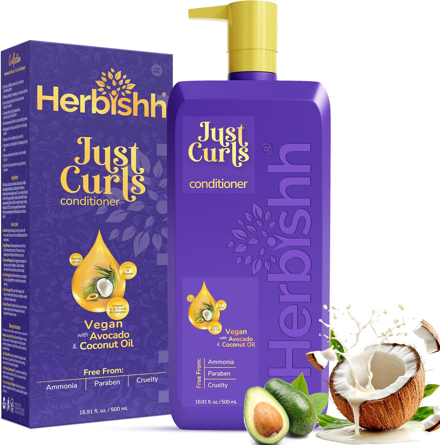 Herbishh Just Curls Vegan Conditioner for Curly Hair Products Kit Enriched with Avocado & Coconut Oil for Dry Damaged, Wavy, Curly Hair Gift Set for Women & Men (500 Ml) image number 2