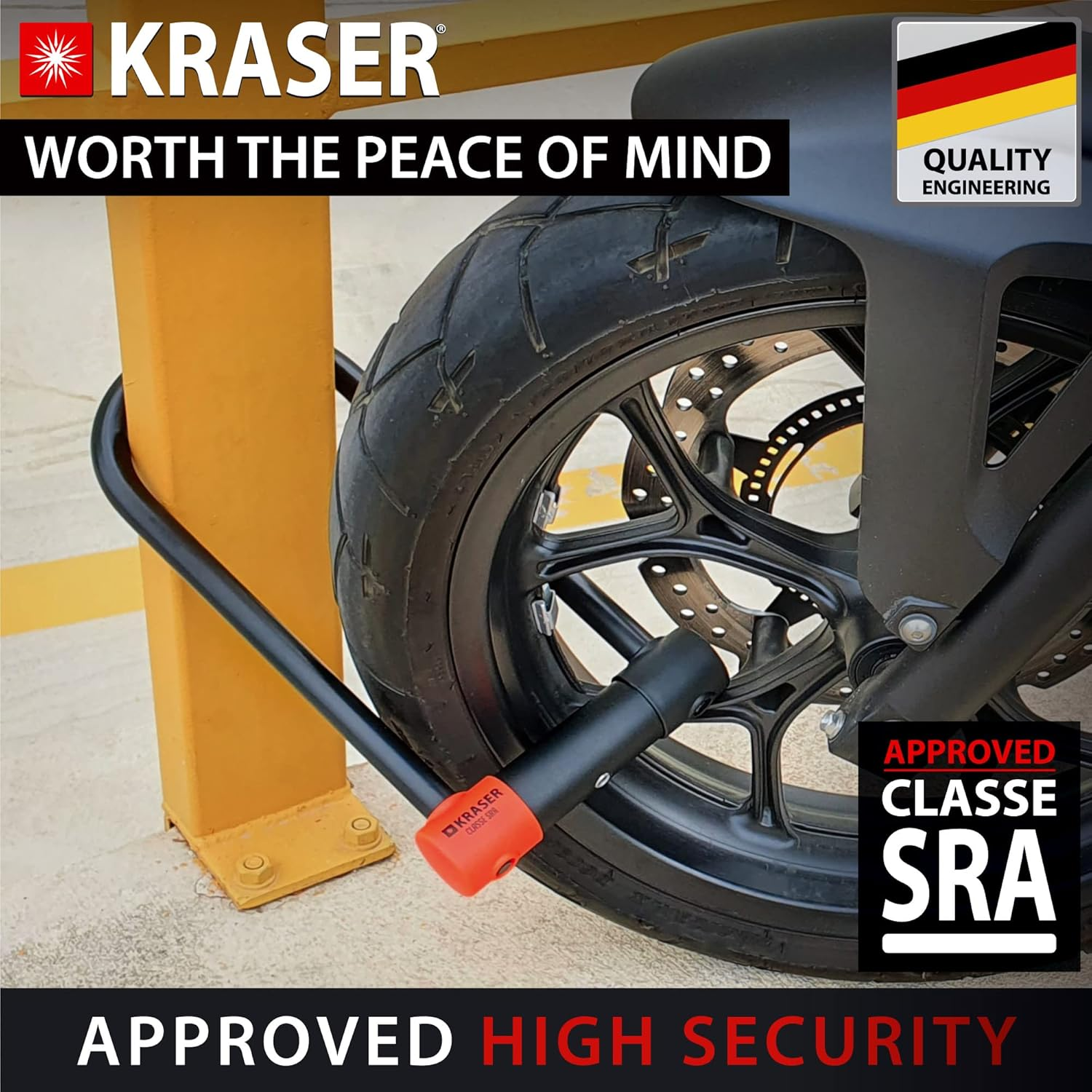 KRASER KR120L Robust U Lock Motorcycle, SRA Approved, Tested High Security, 120X310Mm/4.7X12.2In &Oslash;18Mm/0.7 Shackle Double Locking, Anti-Pick Lock, Heavy Duty anti Theft U Lock for Moto Scooter Ebike image number 5