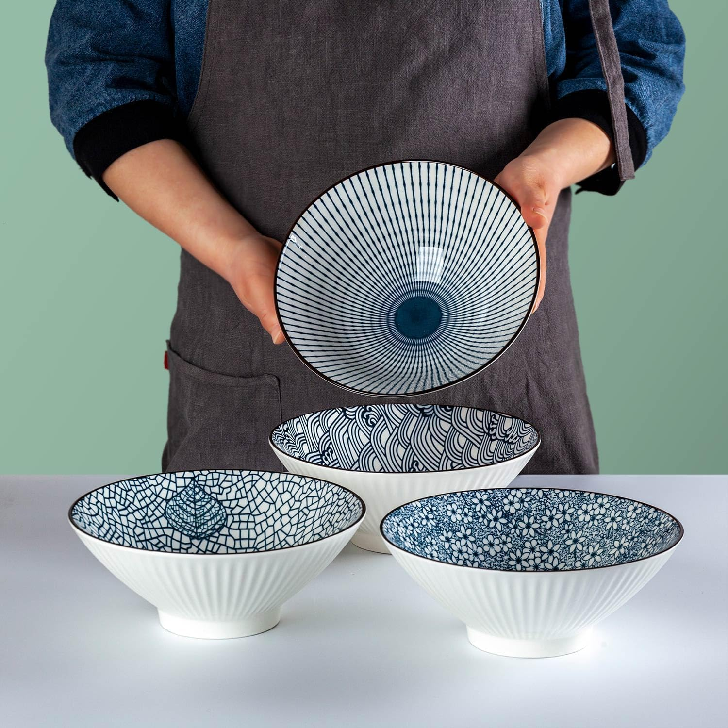 8 Inch Japanese Ramen Bowls, 38 Oz Cereal Bowls, Soup Bowls, Pho Bowls, Noodle Bowls, Blue and White Ceramic Bowls, Microwave Dishwasher Safe, Set of 4 image number 5