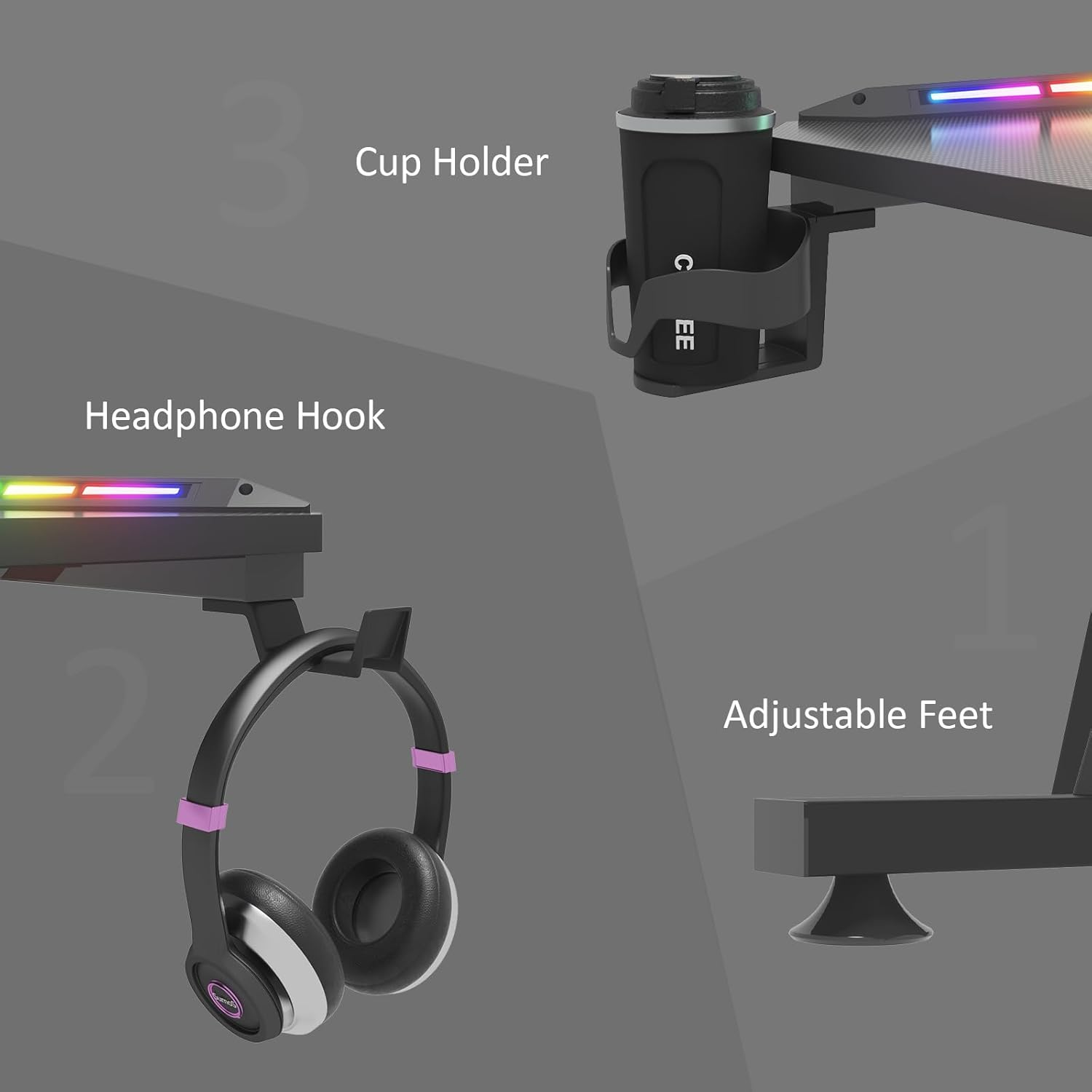 ADVWIN Black Gaming Desk 120Cm LED Gaming Workstation with RGB Light Z Shaped Computer Desk Pc Desk with Carbon Fiber Surface Cup Holder & Headphone Hook