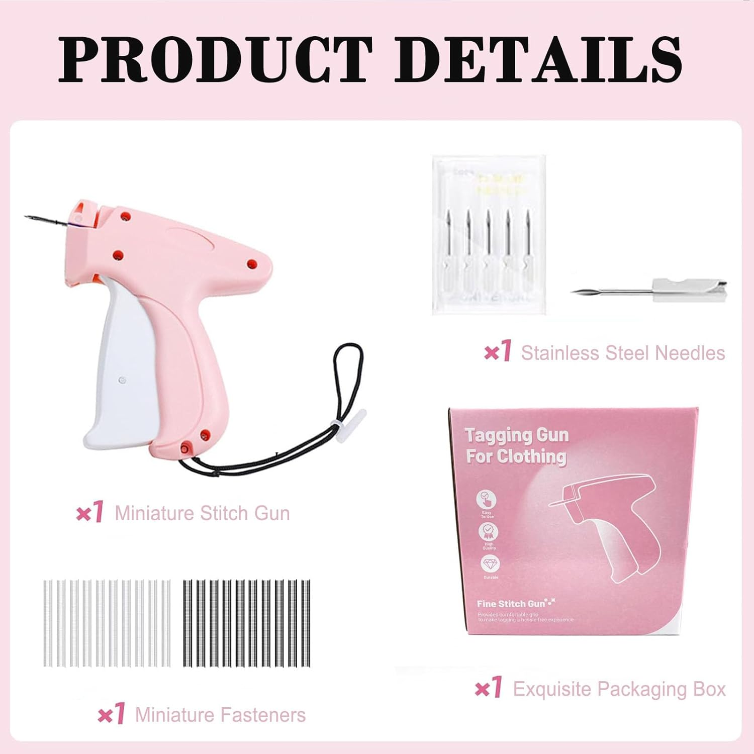 Wakouter Stitch Gun for Clothes, 5 Needle Handheld Stitch Gun Quick Clothing Fixer, Mini Sewing Kit, Micro Tagging Gun, 1000 Black Fasteners & 1000 White Fasteners, for Sewing, Hemming, Quilting (Pink) - 01 image number 2