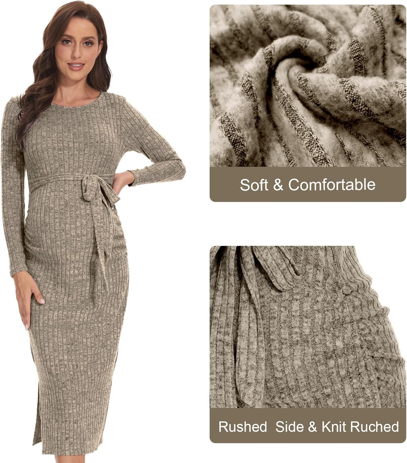 Guruixu Crewneck Maternity Sweater Dress Rib Knit Long Sleeve Photoshoot Baby Shower Dresses Slit Pregnancy Clothes with Belt image number 2