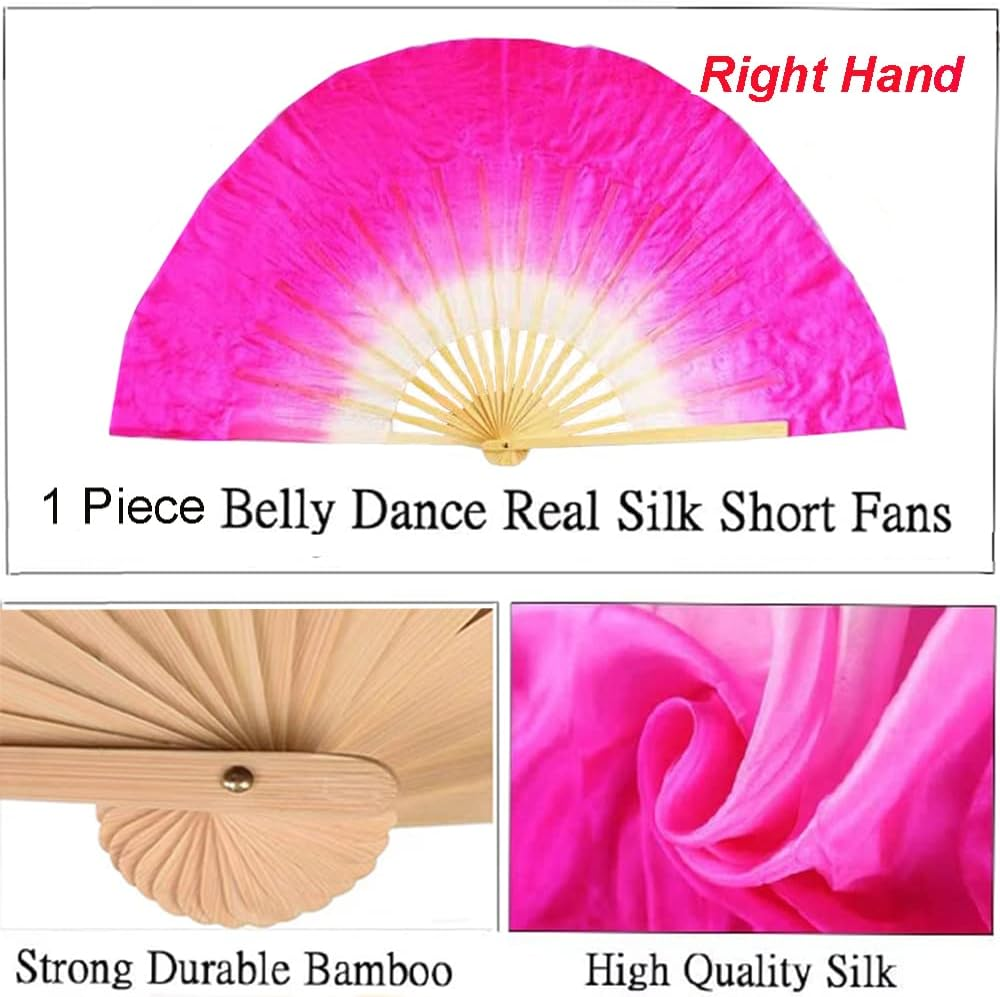 TMZAQH Women 40Cm(15.7") 1 Piece Right Hand Real Silk Belly Dance Short Fan Veils Gradient Color - White image number 5