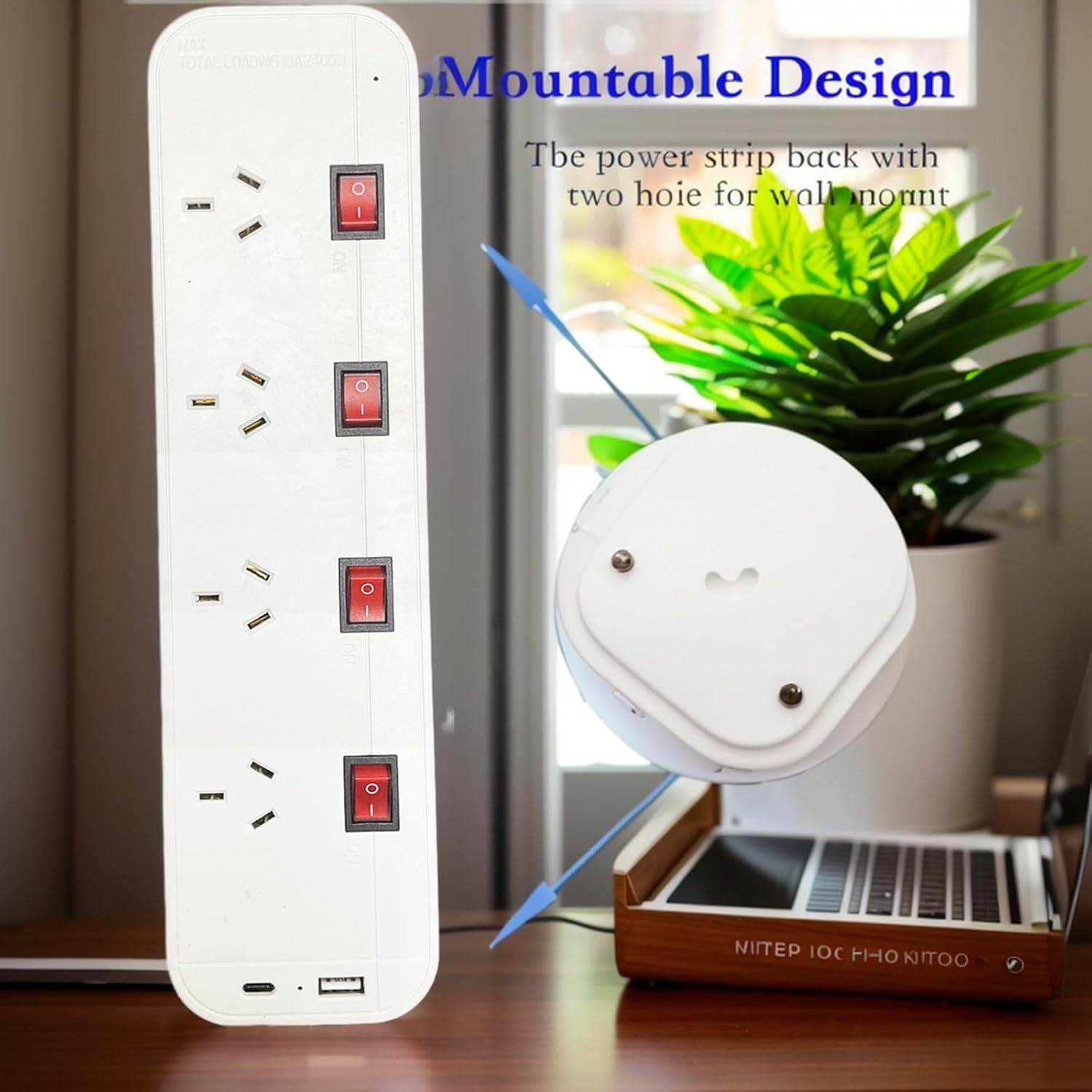 Power Board Surge Protector with Individual Switch, Power Strip with 4 AC Outlets, 1Xusb a and 1Xusb C Charging Port, 2M Extension Cord Power Strip, Wall Mount for Home and Office