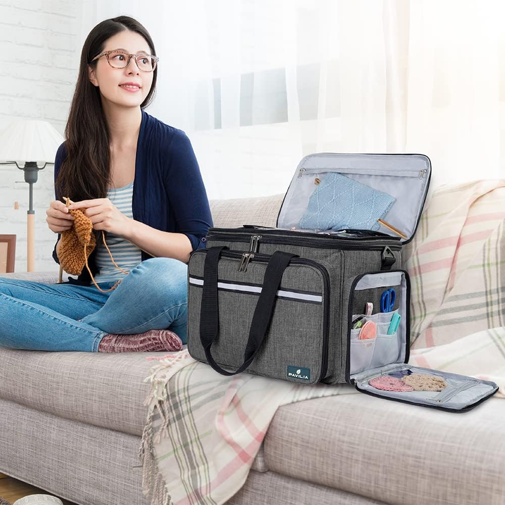 PAVILIA Knitting Bag Yarn Storage Tote, Large Crochet Organizer Bag, Yarn Storage Holder for Crocheting Knitter, Knitting Project Bag, Crochet Accessories Set, Gifts for Crochet Lovers - Charcoal Grey image number 3