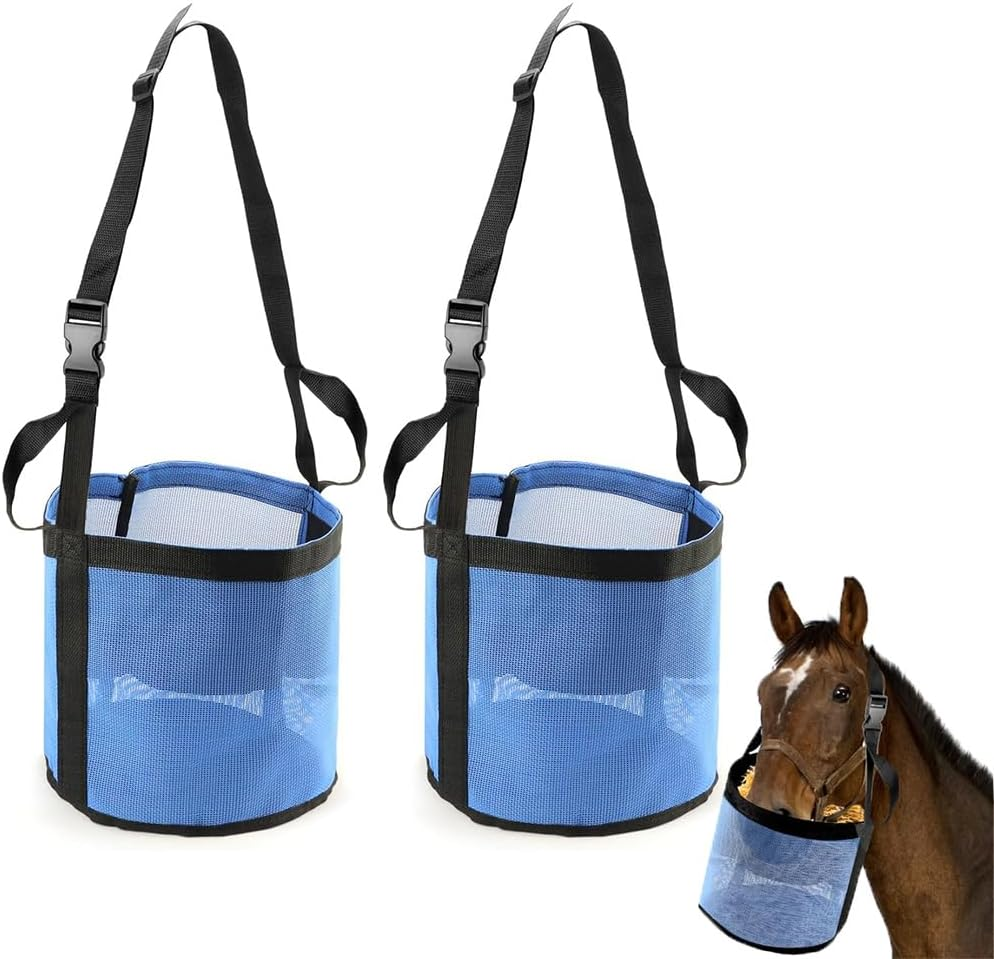 2 Pack Horse Feed Bags with Adjustable Halter Strap, Horse Feed Bucket, Mouth Hay Bag, Durable Mesh Grain Feeder for Feeding Horses (Blue) image number 2