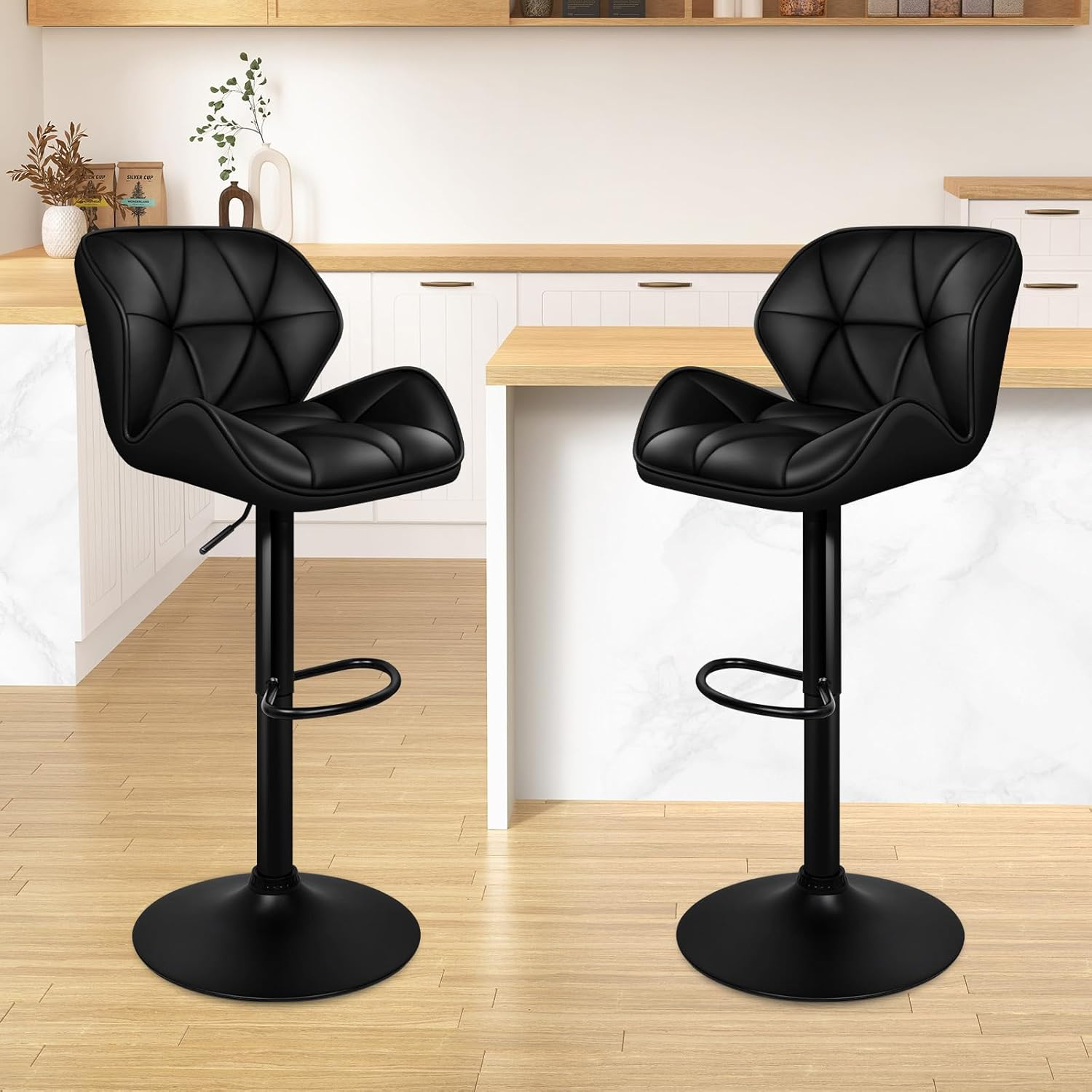 ALFORDSON Bar Stool 2Pcs Swivel Kitchen Stools Willa Adjustable Counter Barstools Black Dining Chair in 62-84Cm Seat Height with Antiskid Floor Protector for Home Bar Dining Room