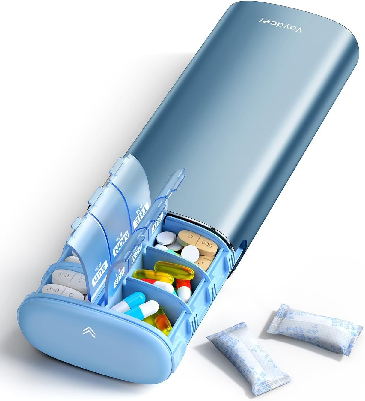 Vaydeer Metal 7 Day Pill Organizer 2 Times a Day &ndash; AM PM Weekly Travel Pill Case with Moisture-Proof Desiccant, Airtight Large Capacity Pill Box for Vitamins, Medications & Supplements (Black)